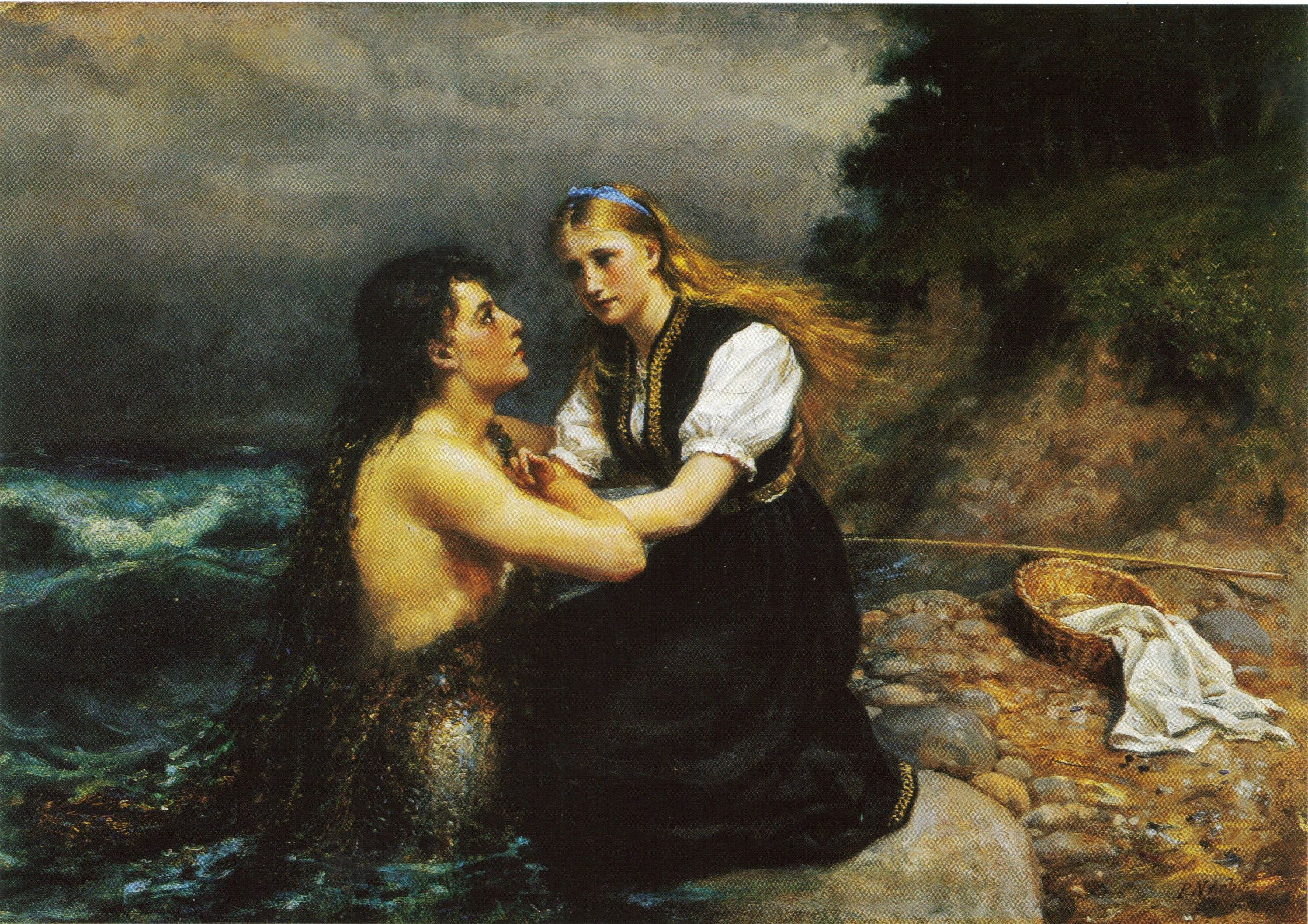 A couple stare at each other, one sitting on the land and the other in the water.