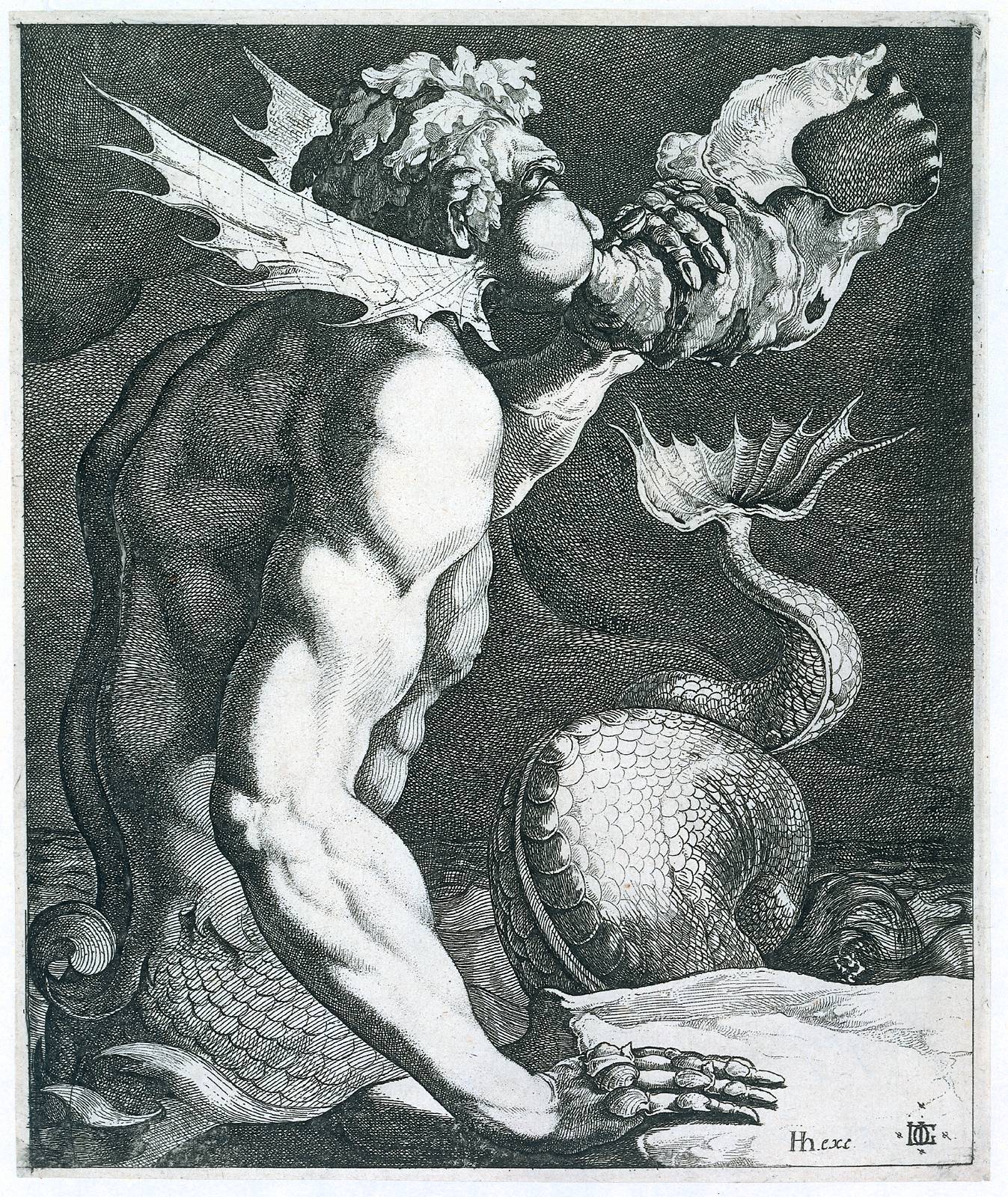 An illustration depicts Triton the mythical sea creature blowing into a conch shell.