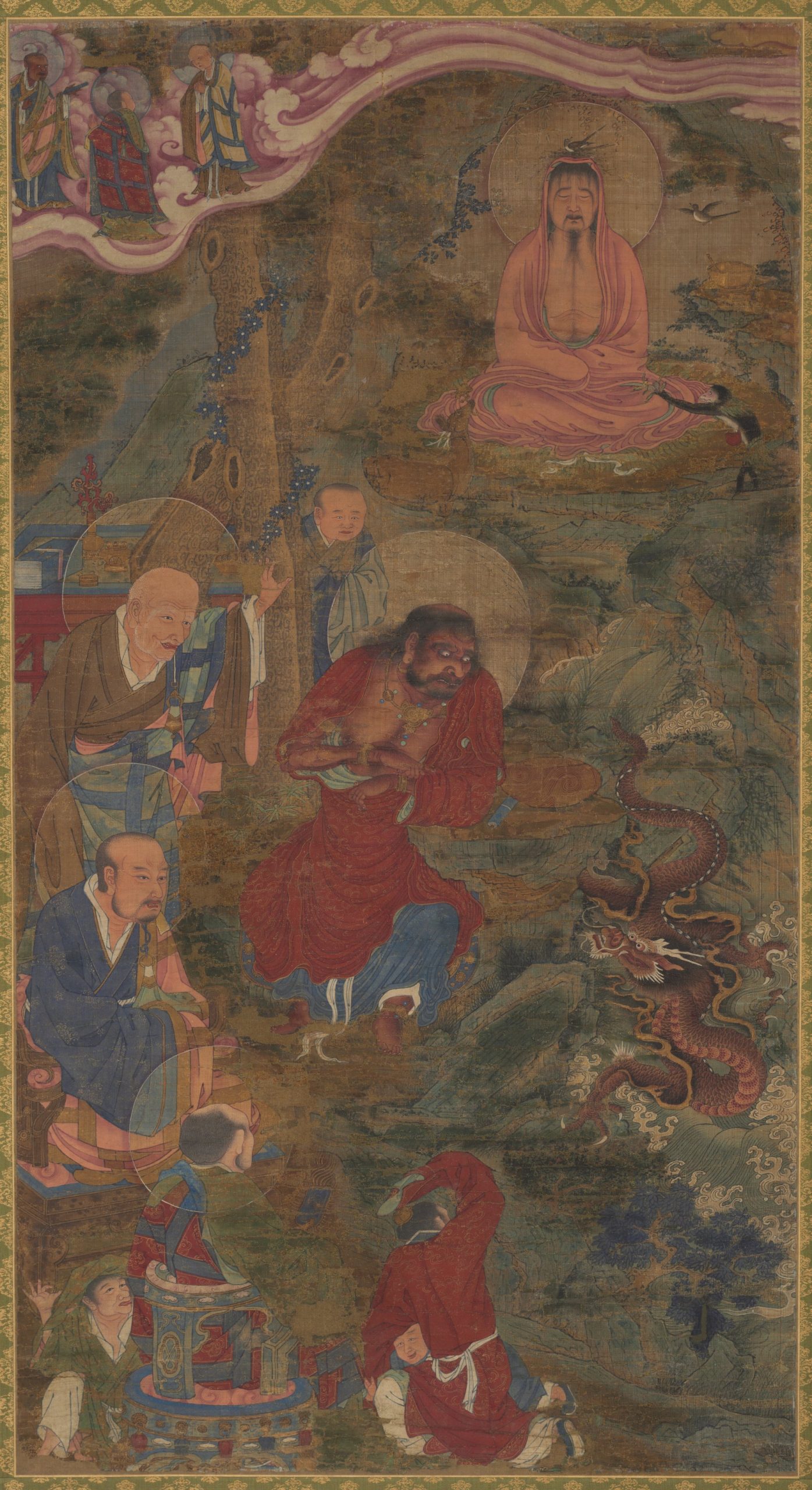 A series of figures on the far left side of the images look towards a dragon on the right side of the image.