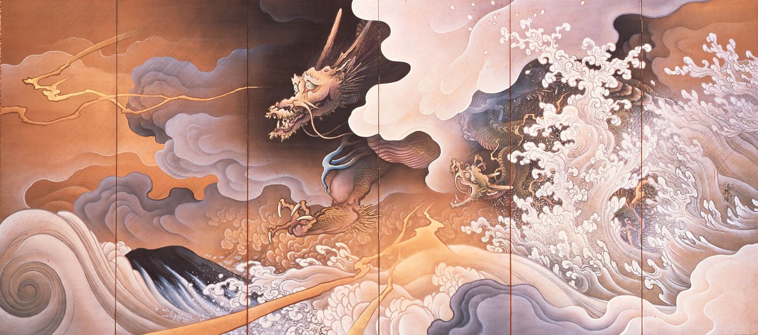 A folding screen with a painting of a dragon and a tiger in the middle of large waves and clouds.
