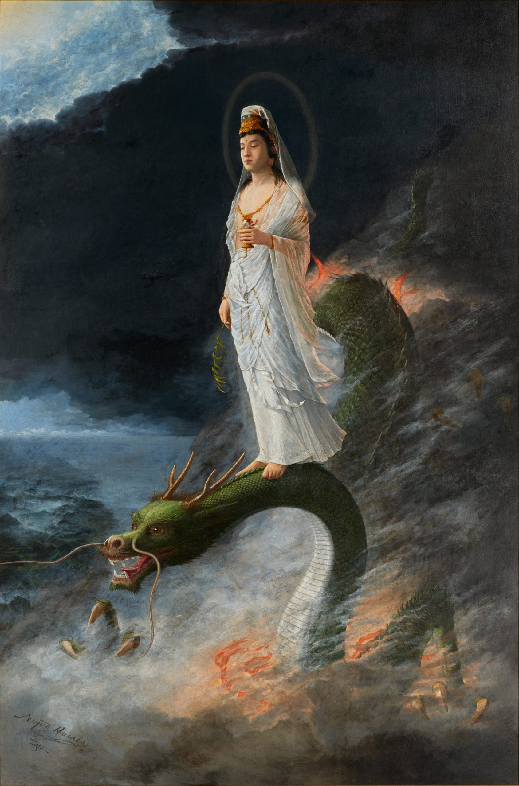 A woman stands on a dragon in a landscape of waves and mountains.