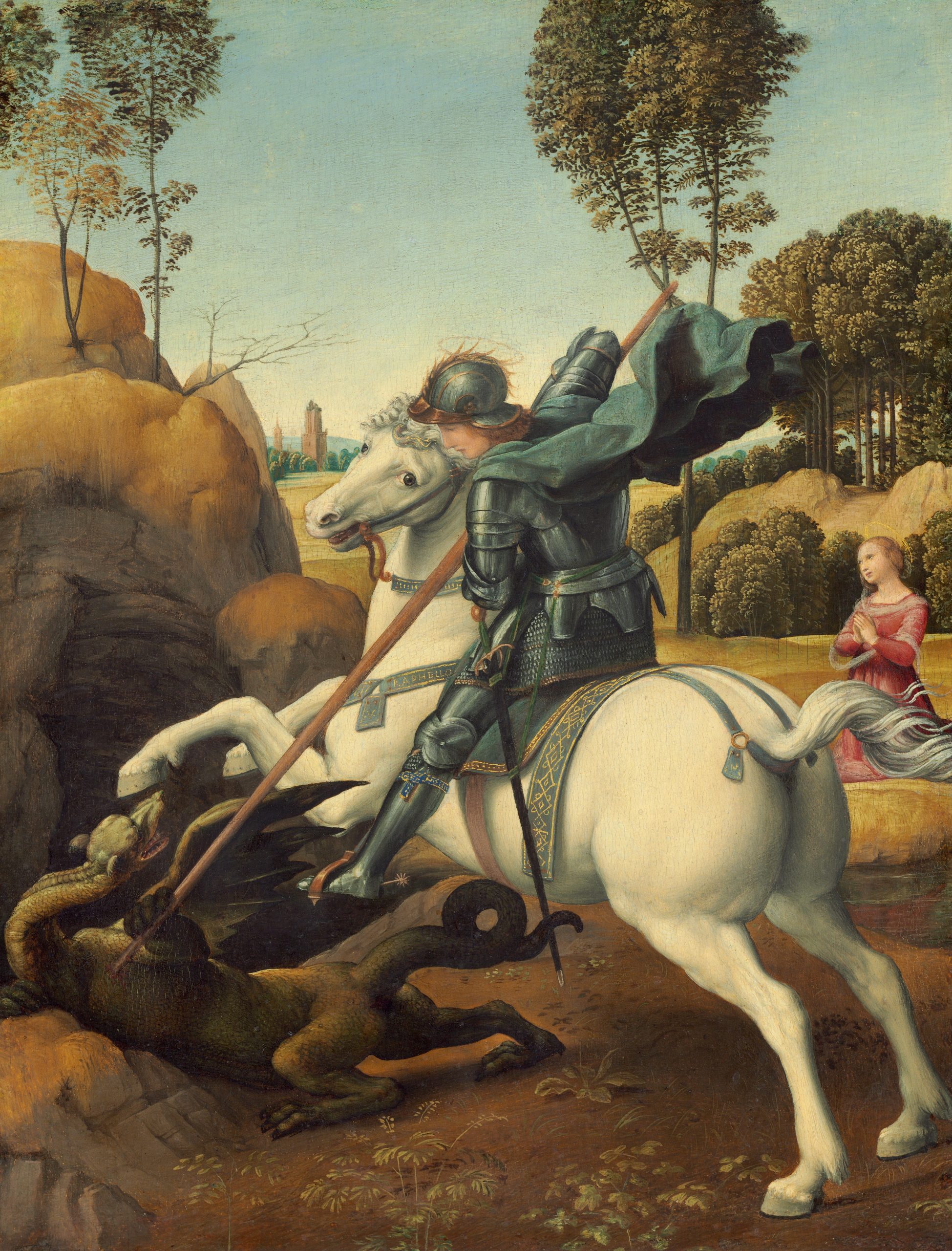 A man riding a white horse holds a weapon to strike a dragon while a woman in the background stares towards the scene.