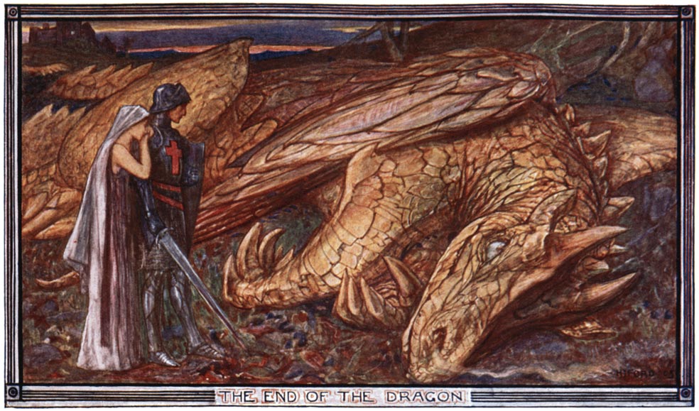 A large dragon rests on its side while a woman and a knight stand over the dragon.