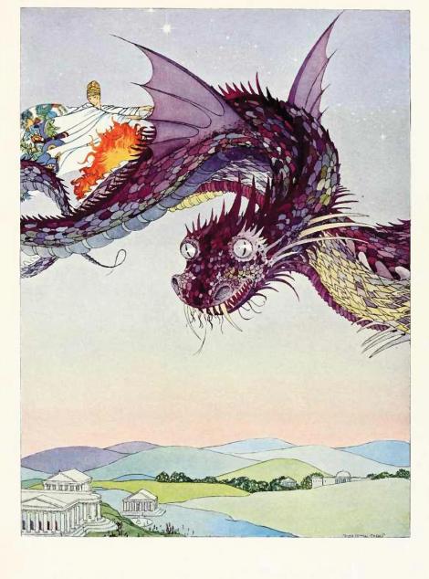 A dragon flies over hills and houses with a woman riding on its back.