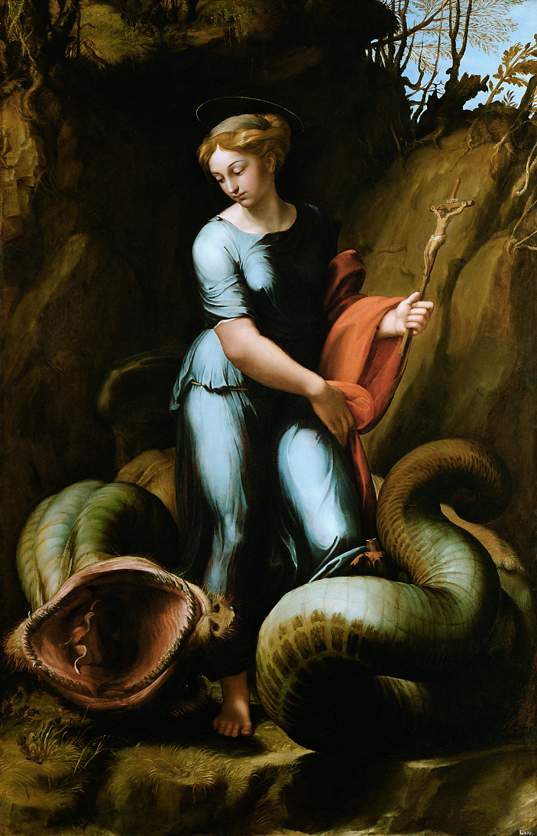 A woman known as Saint Margaret stands in a pit below the ground and carries a cross while looking downwards at a large snake creature.