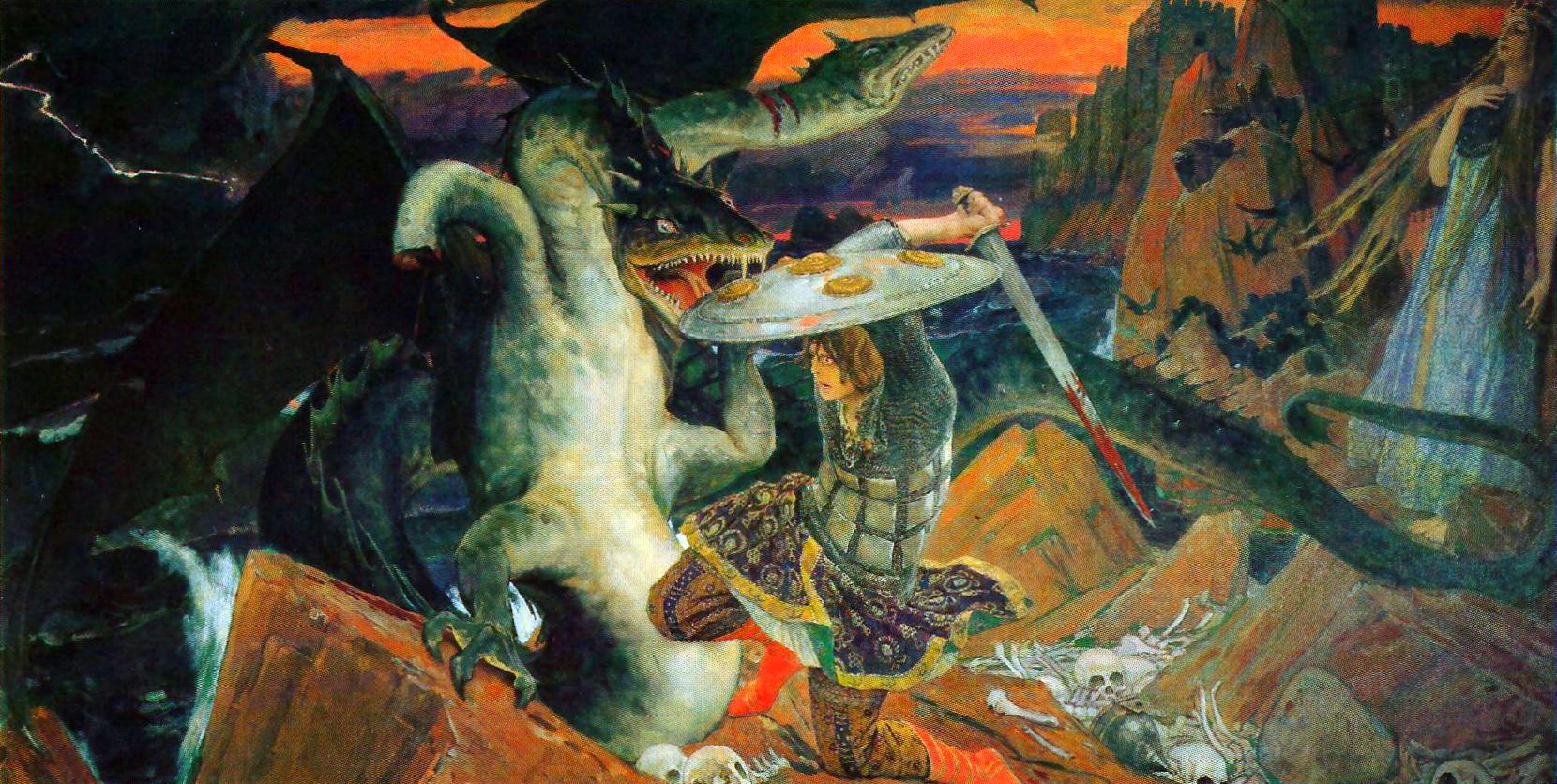 A man named Ivan shields himself in a fight with an open-mouthed dragon on a mountain while holding a bloody sword.