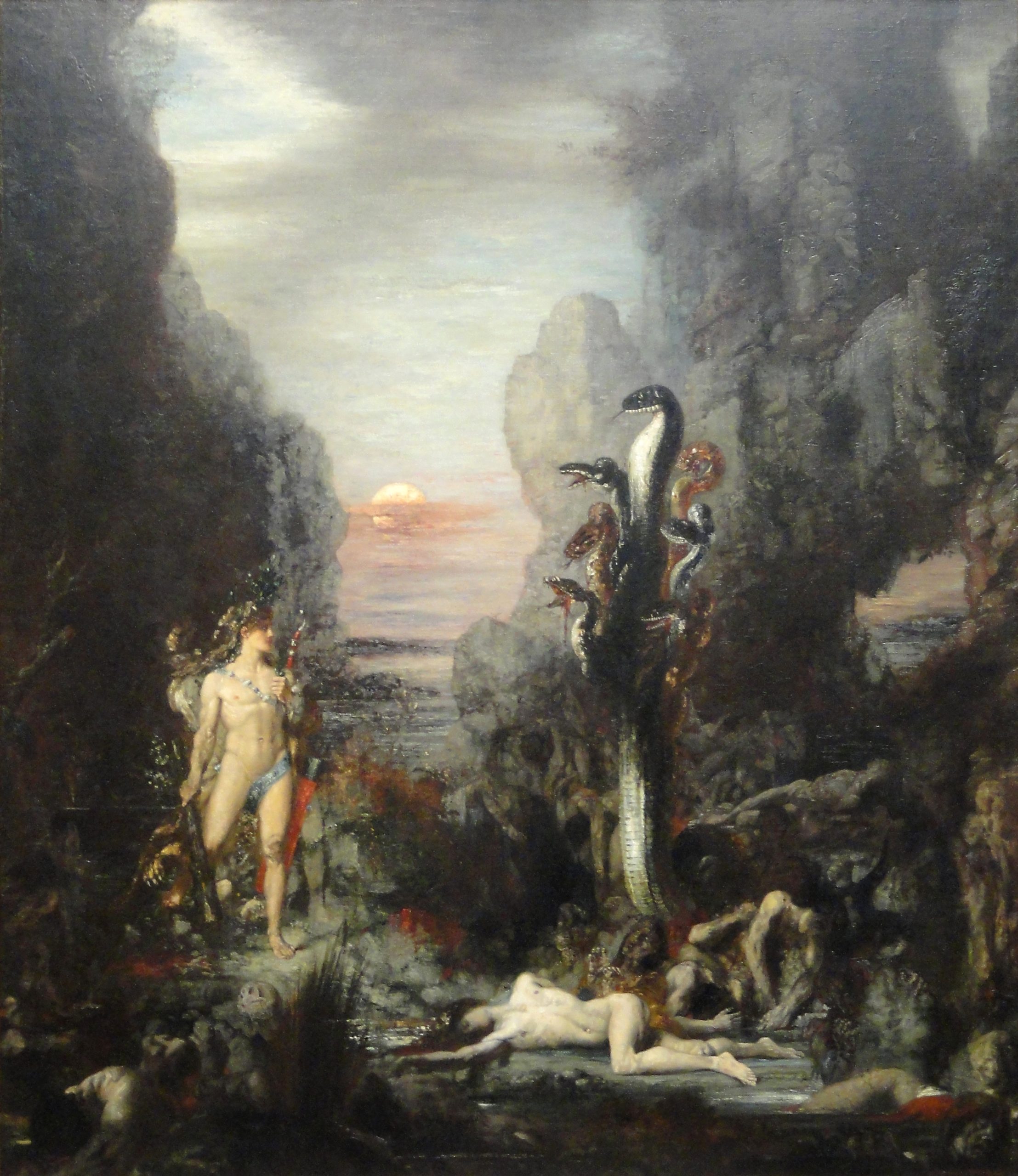 A painting of a nude figure stares towards several standing snakes with a rocky and cloudy landscape.
