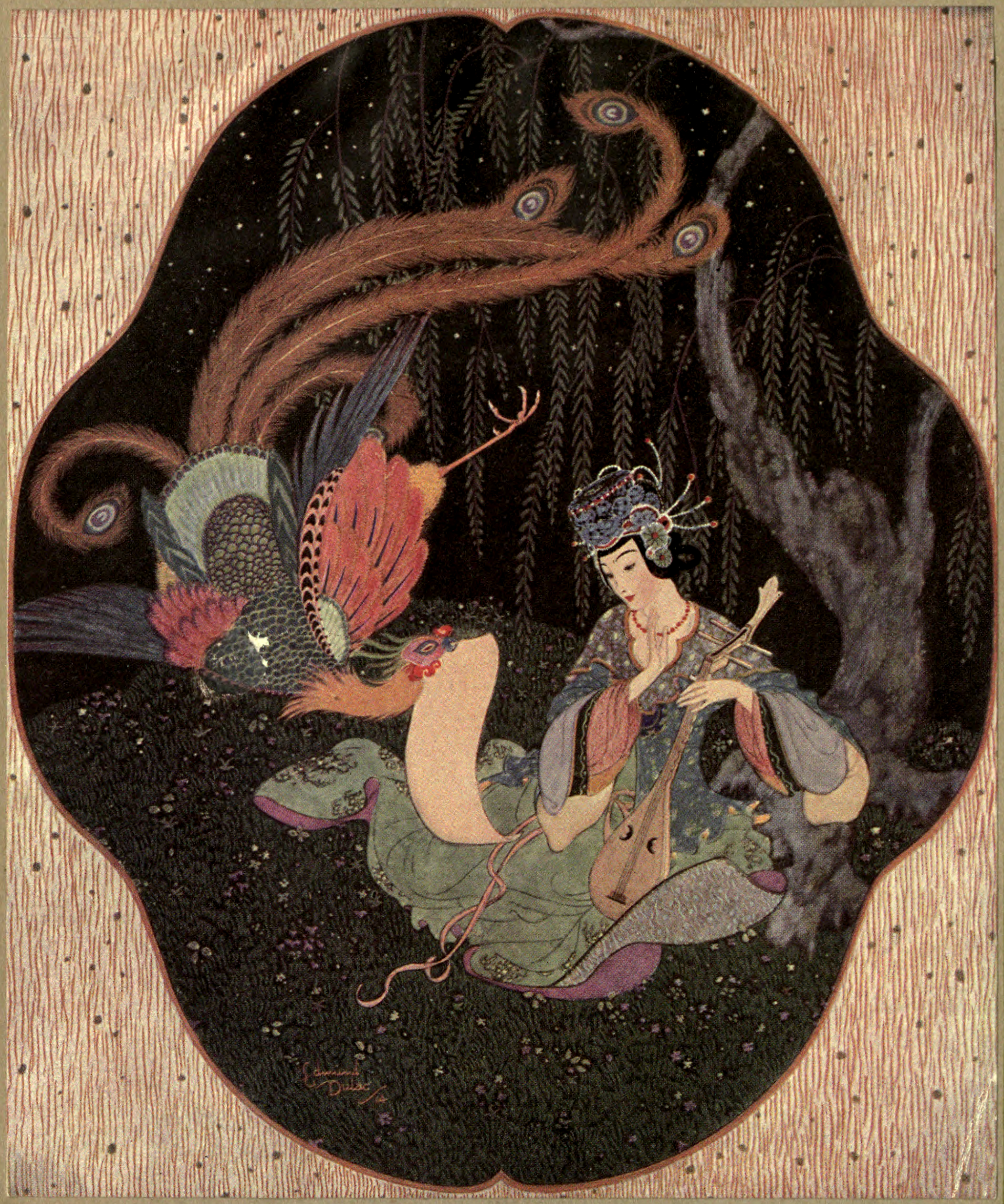 A woman sits on the ground of a dark forest with a string instrument while a firebird swoops down to her holding a paper.