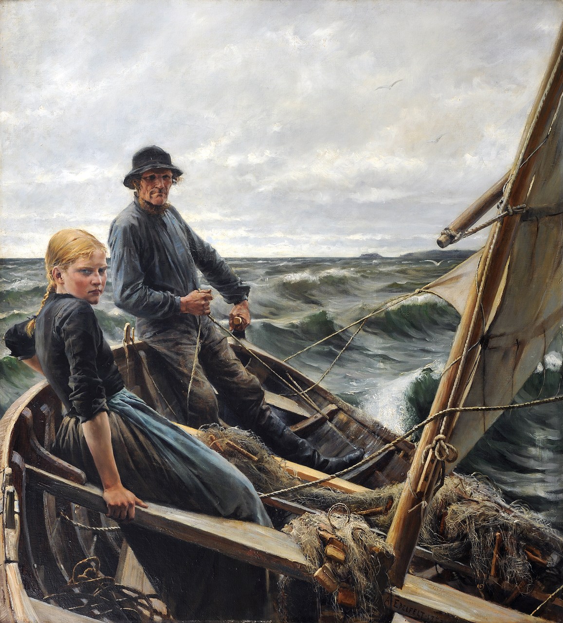 A man and a young girl on a sailboat in the ocean staring in the direction of the viewer