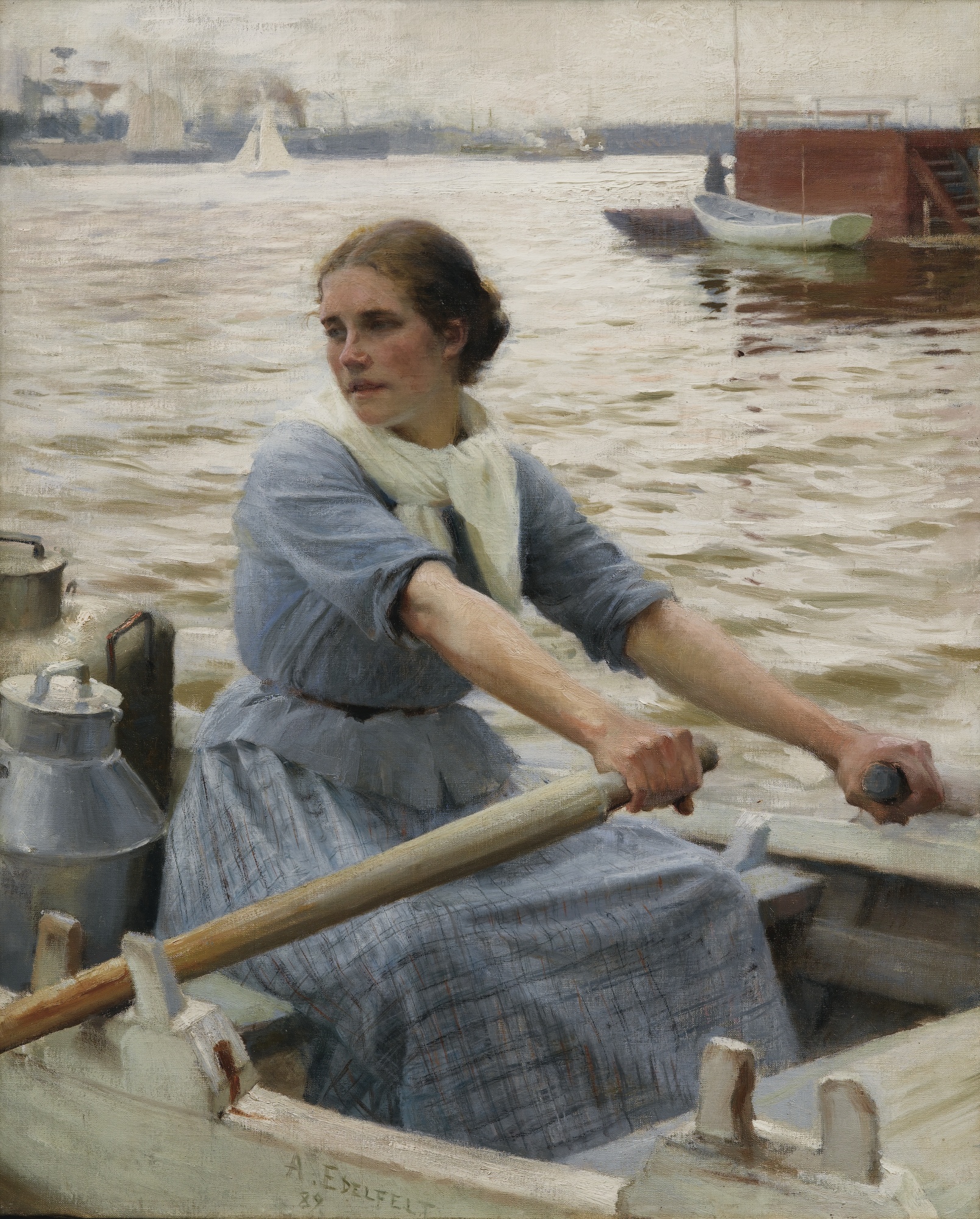 A woman rowing a boat containing metal milk churns across a harbour