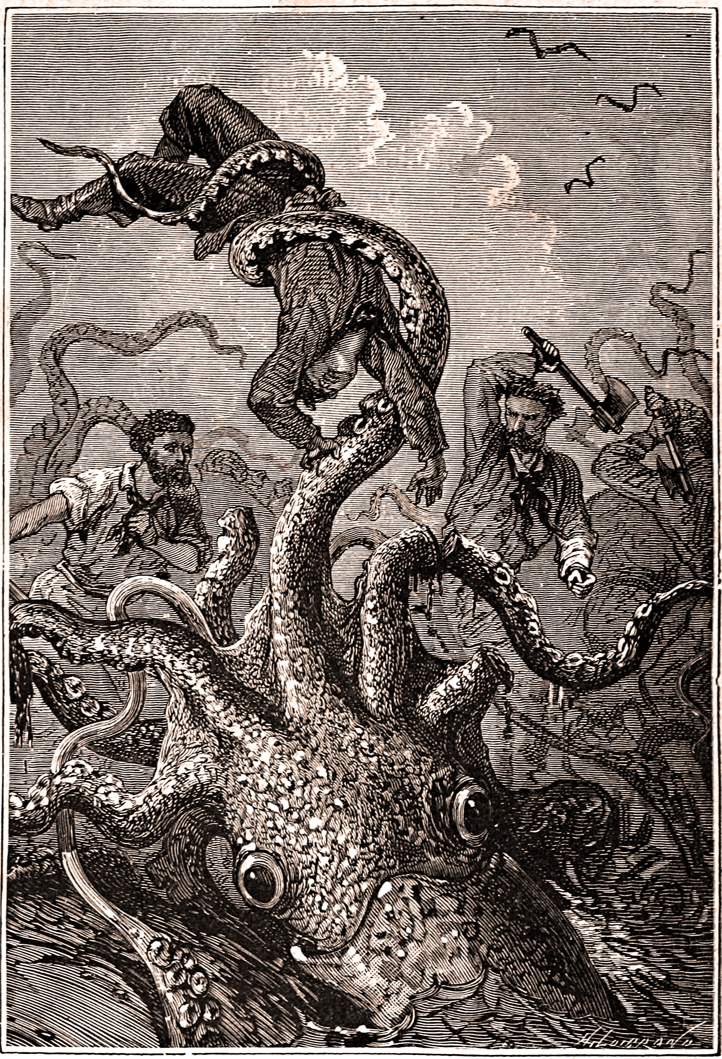 A giant squid battling a crew of seafarers with one of its tentacles tightly wrapped around a man struggling upside-down