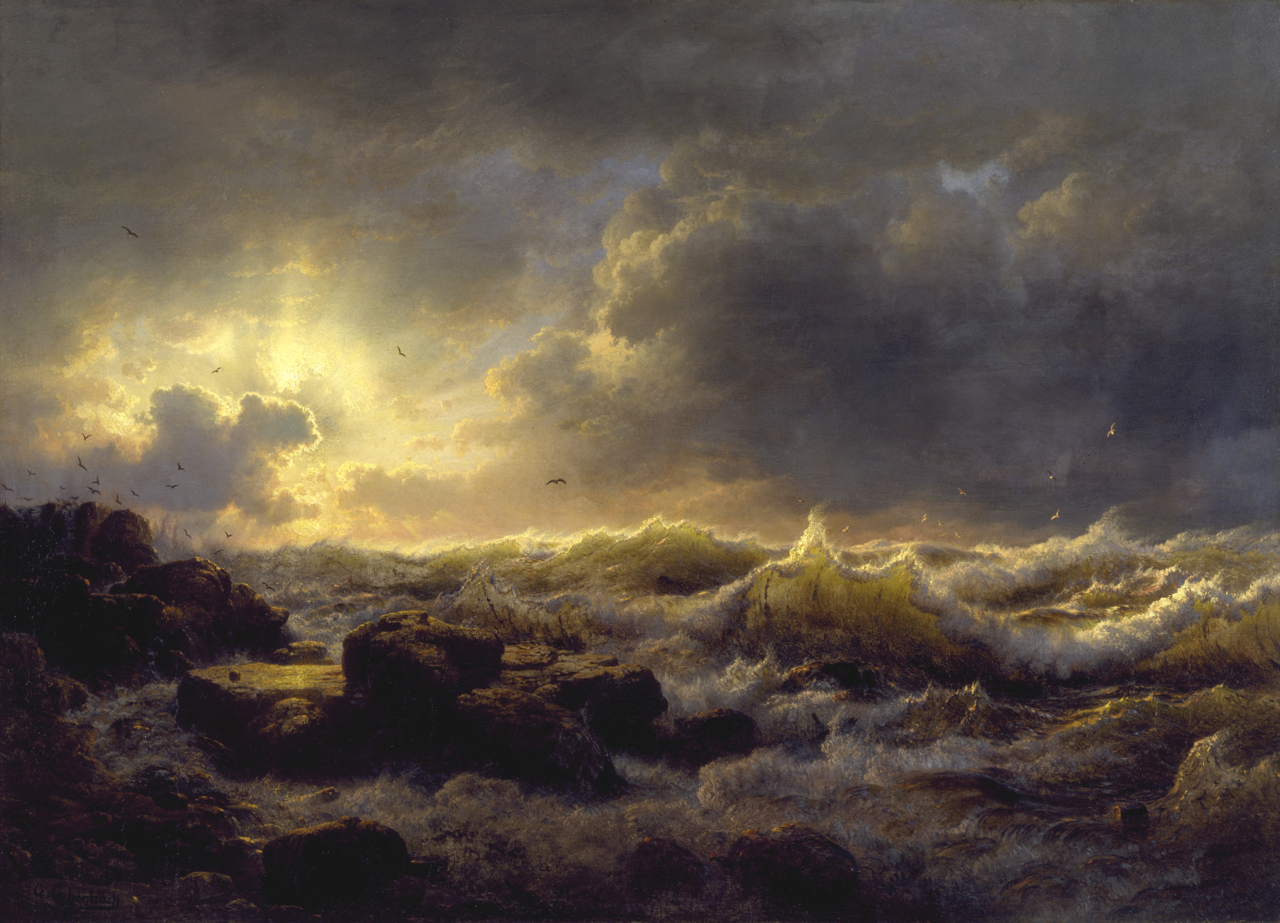 A landscape view of a stormy ocean with the sun covered by clouds