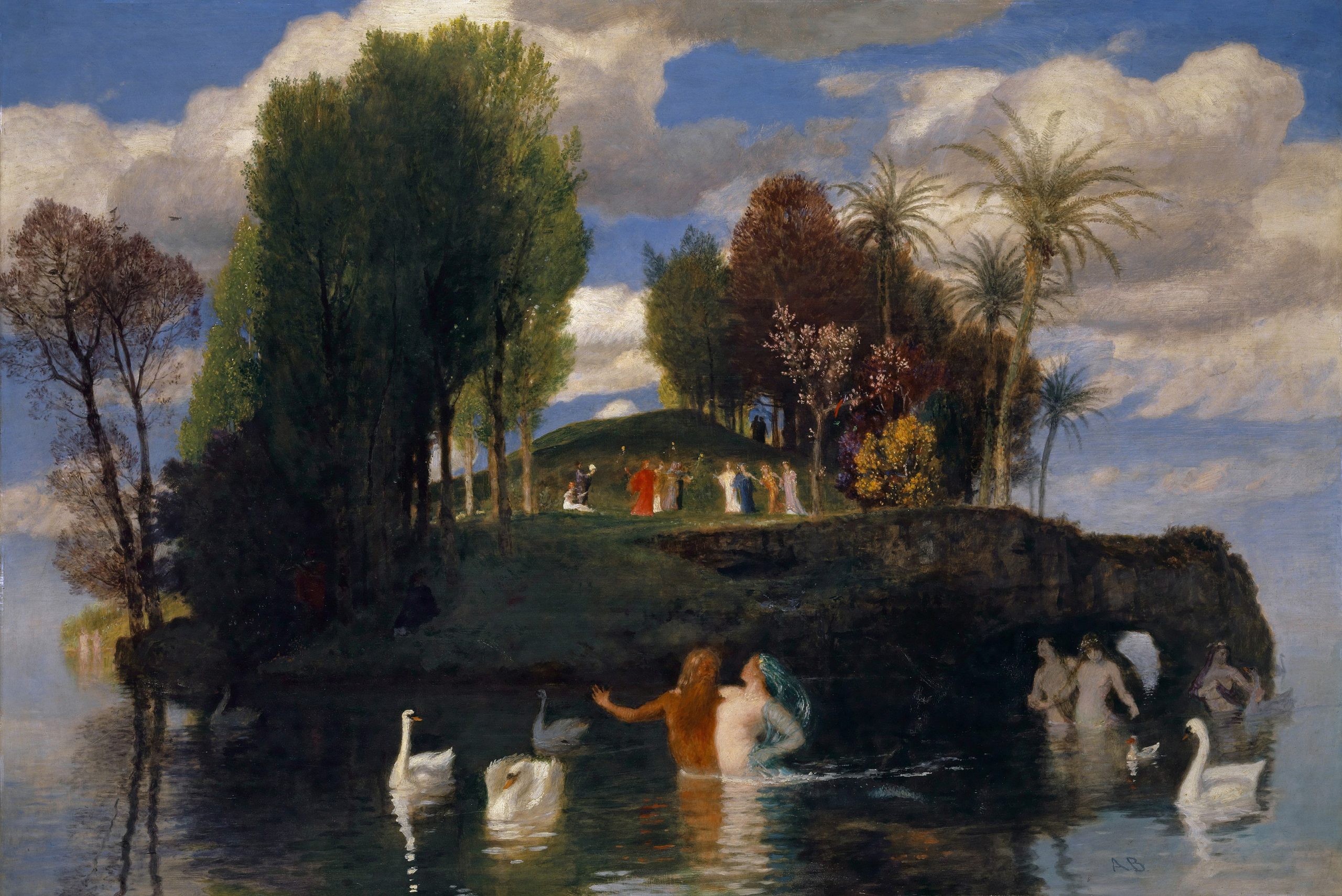 Men and women rejoicing in an island with several swan swimming in still waters below