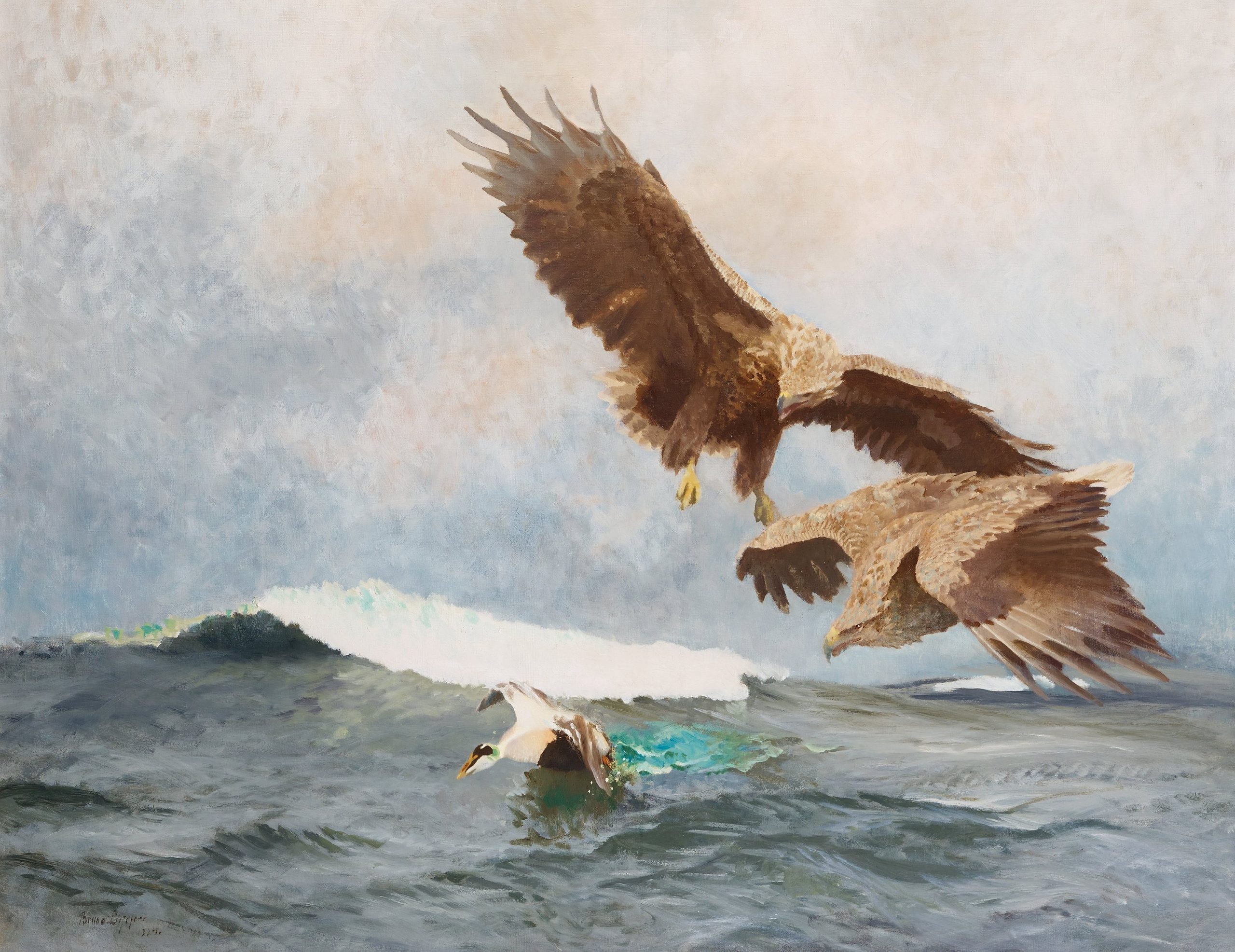 A pair of eagles hunting a bird in the ocean
