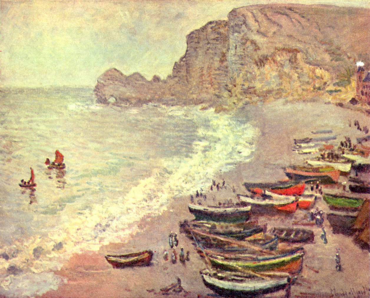 A landscape view of several boats on a shoreline with cliffs in the background
