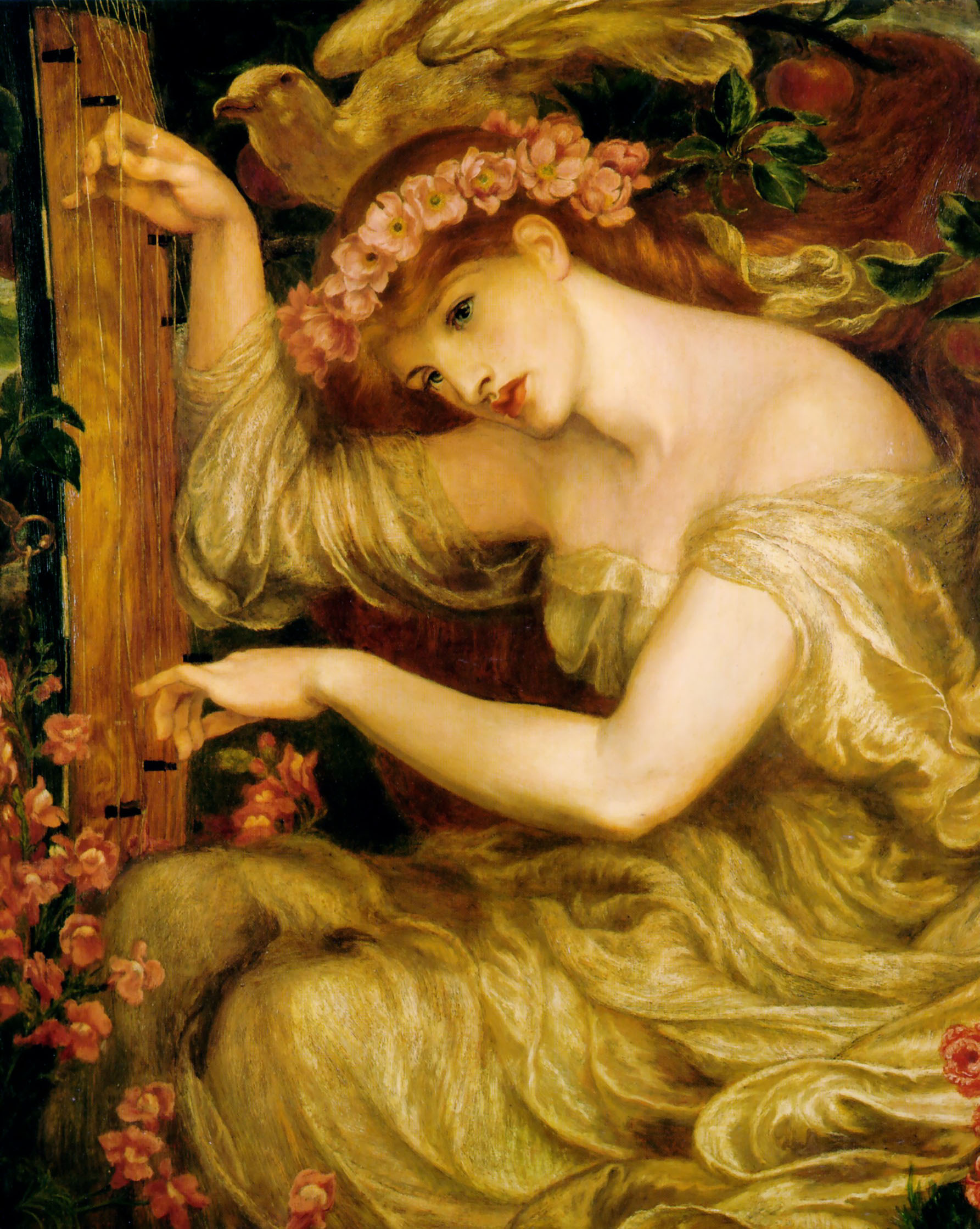 A woman in a flower crown playing an instrument