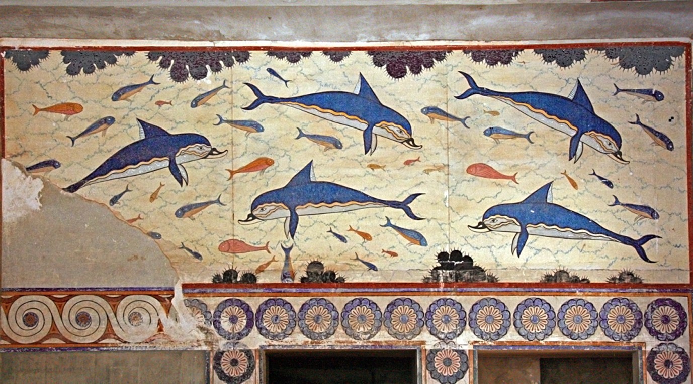 A fresco of swimming dolphins and small fish