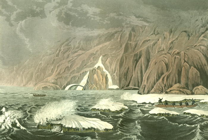 A landscape view of a cape with explorers aboard rowing boats in the ocean