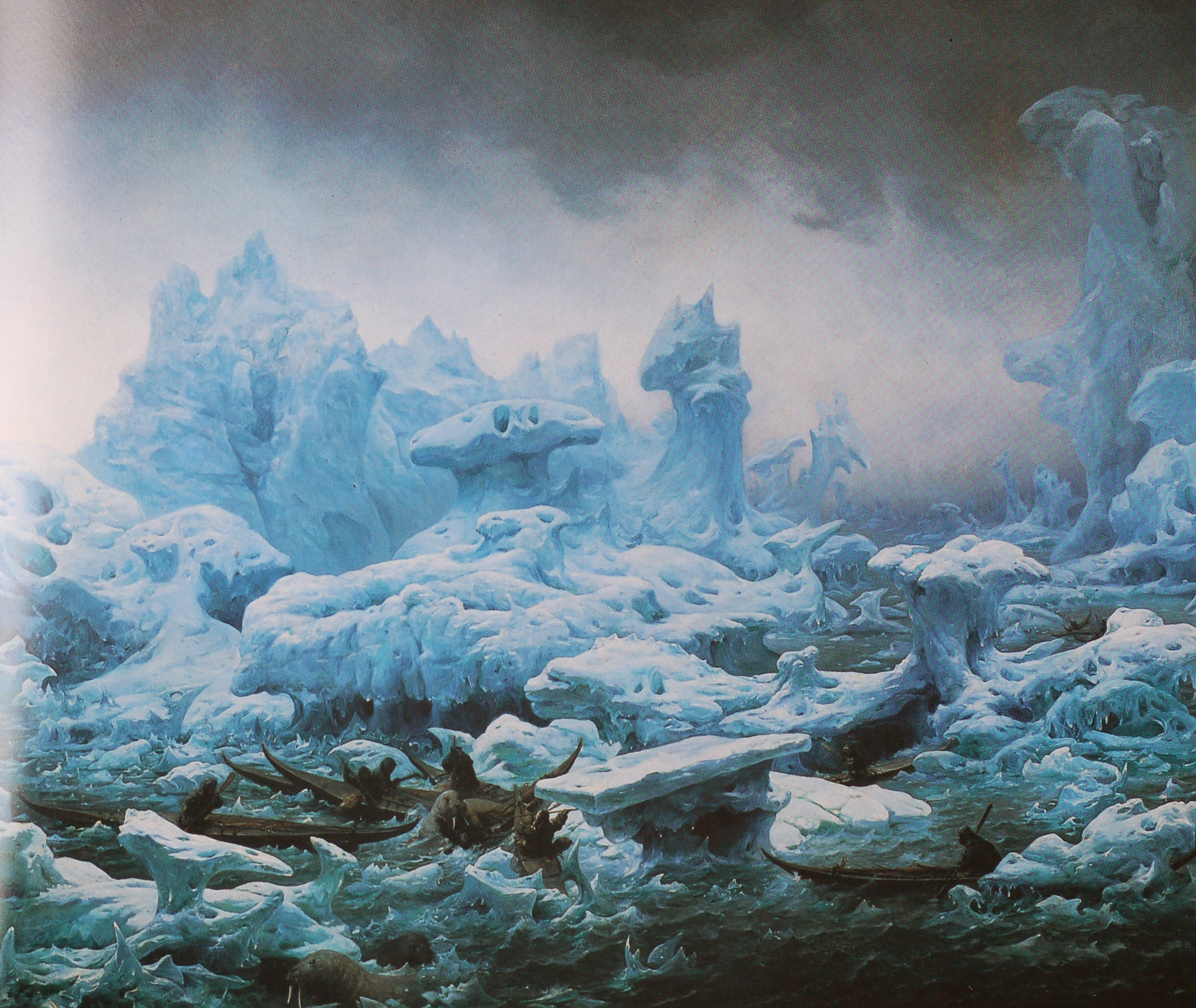 A landscape view of glaciers and fishermen hunting walruses in the arctic ocean