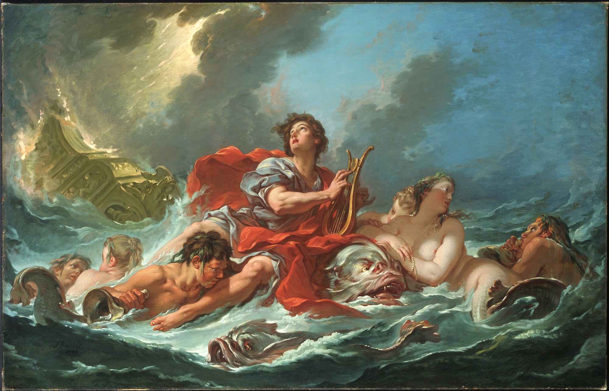 A man strumming a lyre while seated atop a sea monster with others in a stormy sea