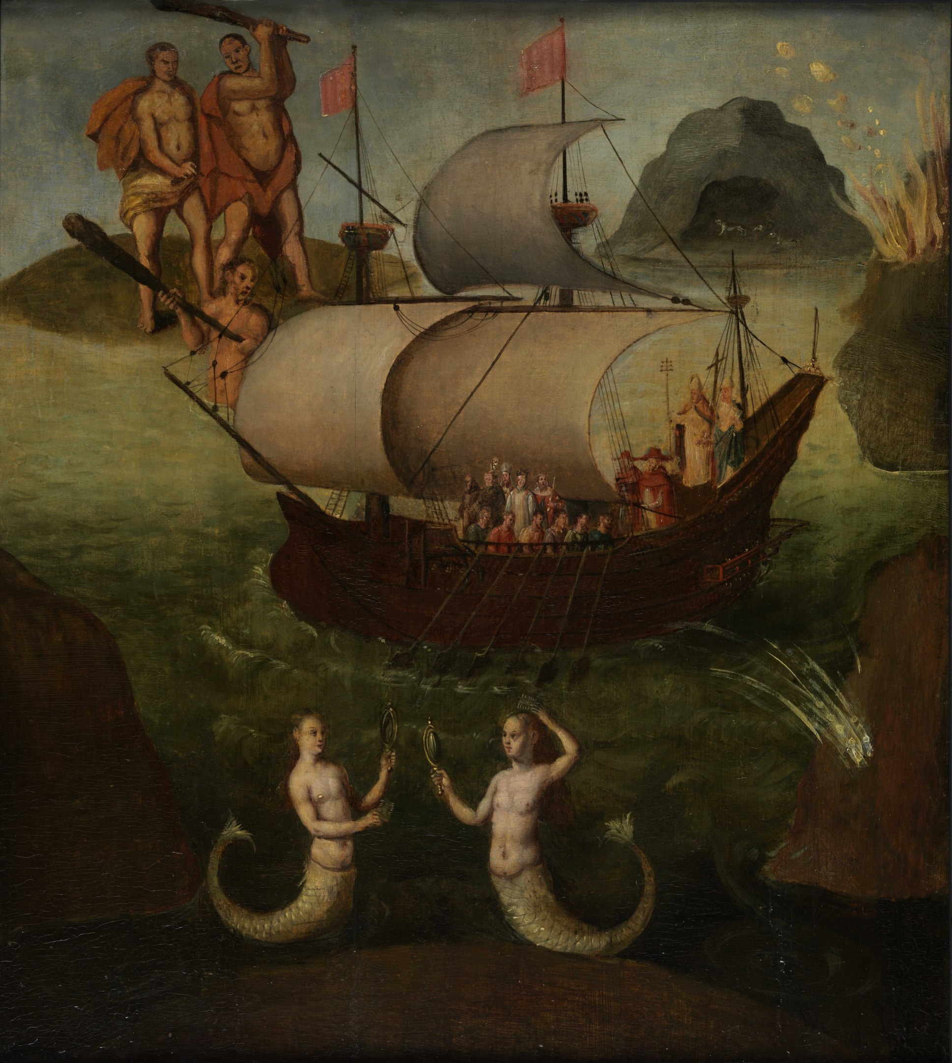 A ship carrying clergymen cruises through the ocean with a pair of mermaids and giants in the foreground and background respectively