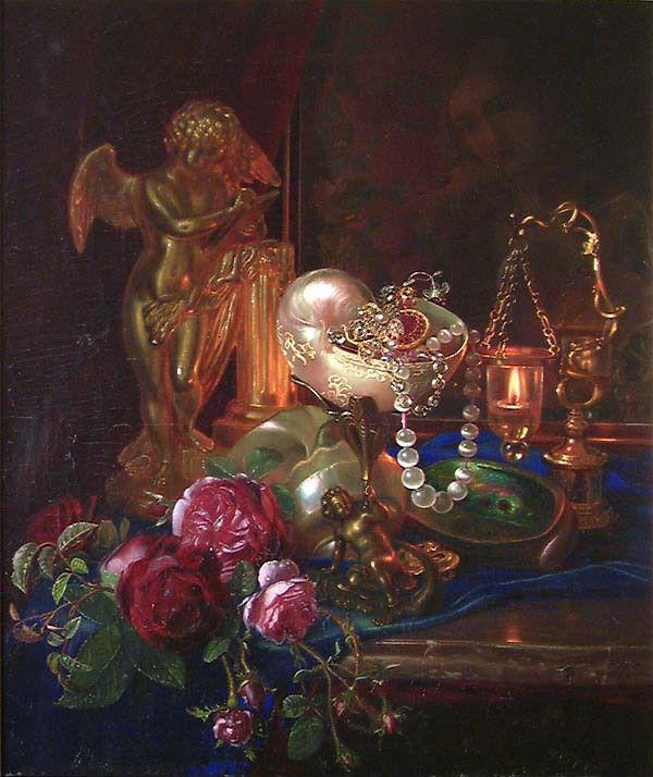 A still-life with peonies, jewelry, a nautilus cup, and a miniature sculpture of an angel in a dim room