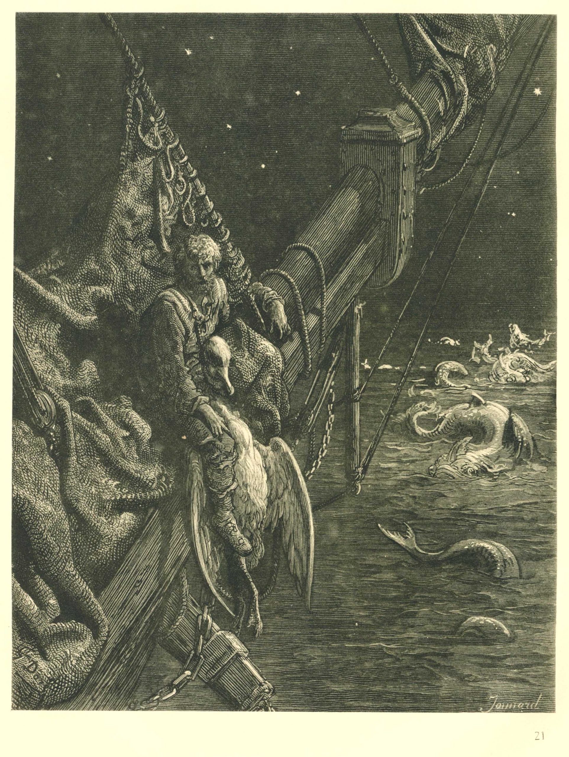 A man sitting with an unconscious albatross on the mast of a ship as sea monsters swim in the ocean below