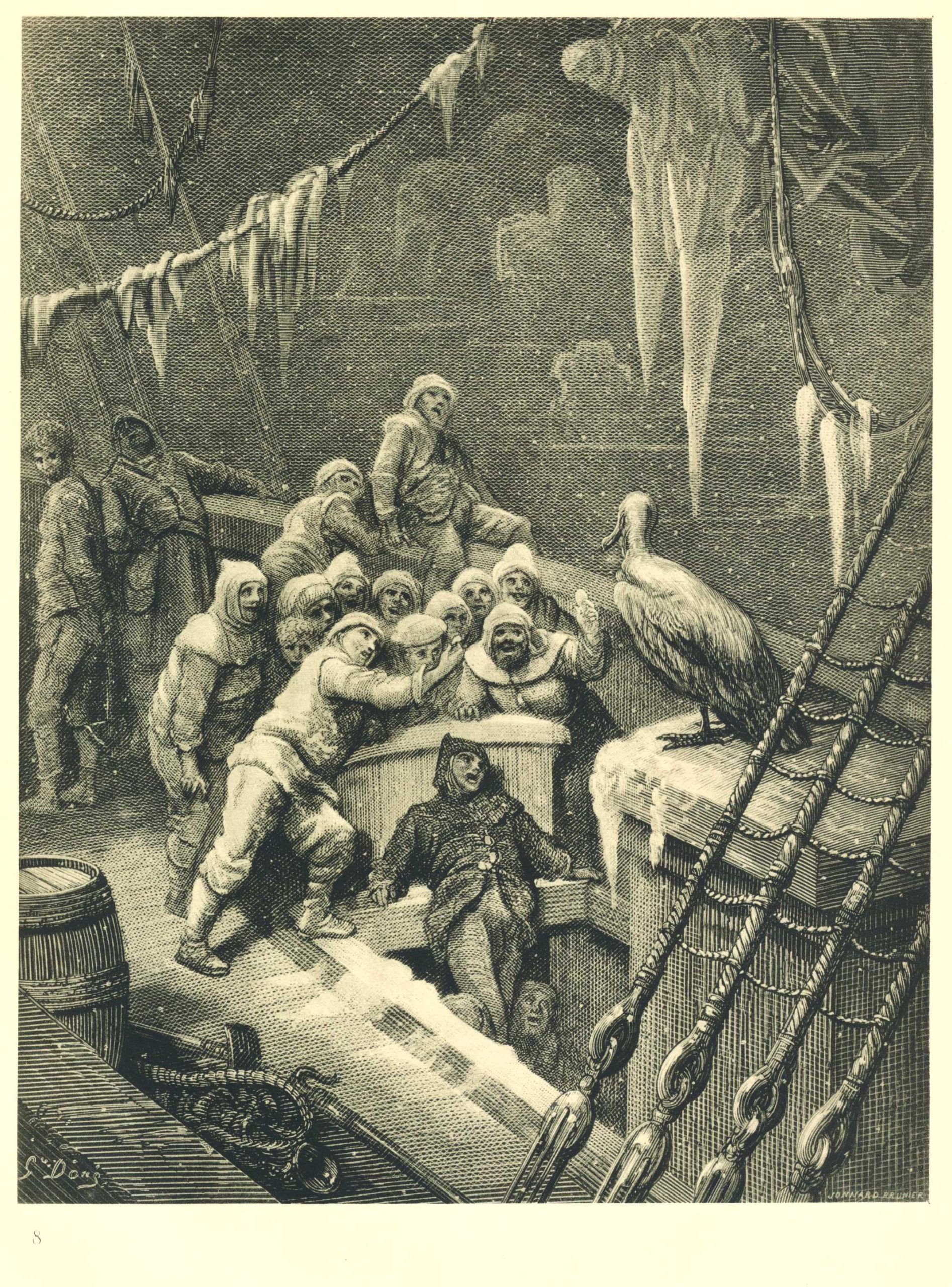 A crew of sailors cowering at the presence of an albatross on their ship