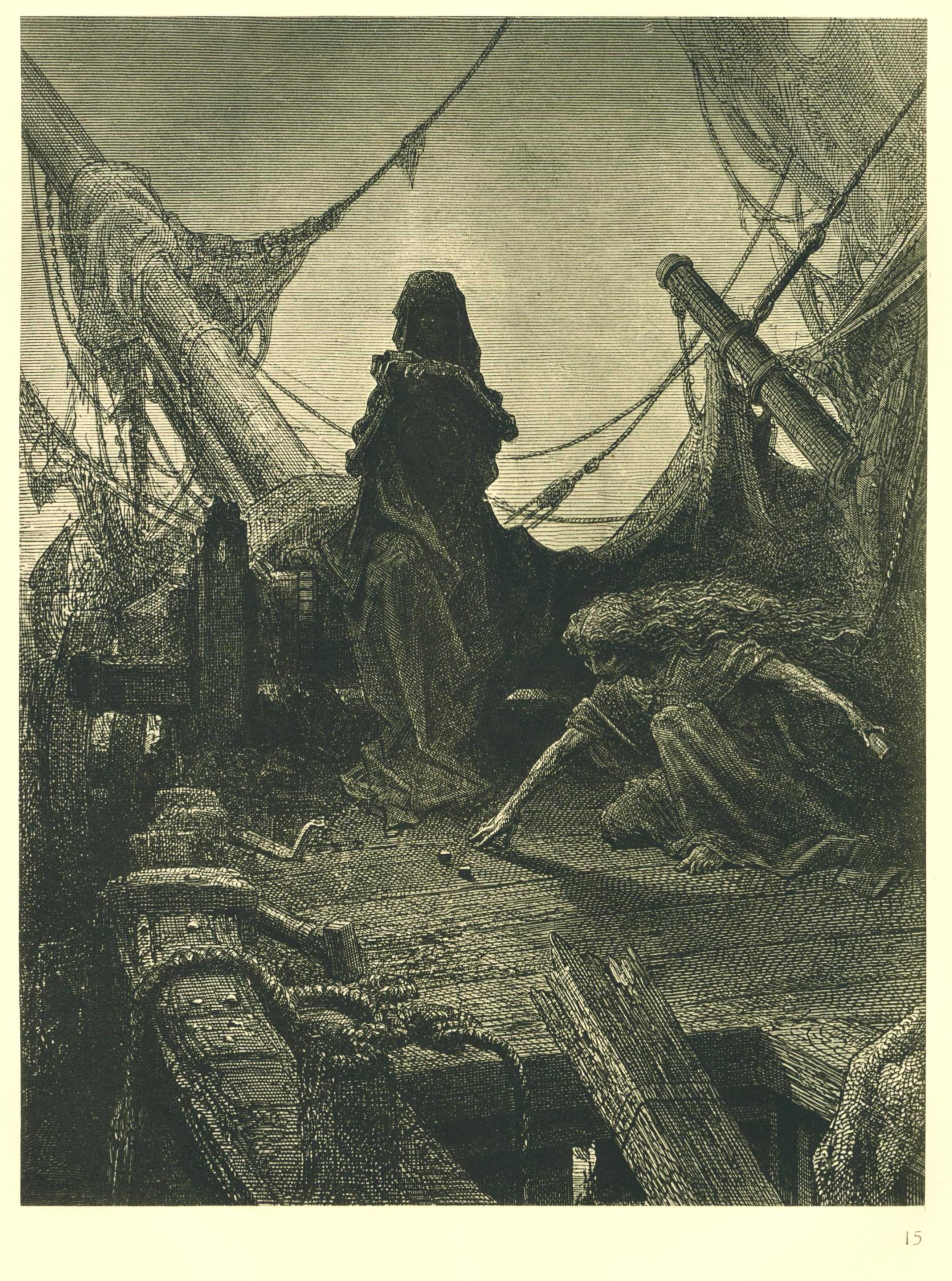A cloaked figure standing in the shadows of a wrecked ship while a woman crouches at their side