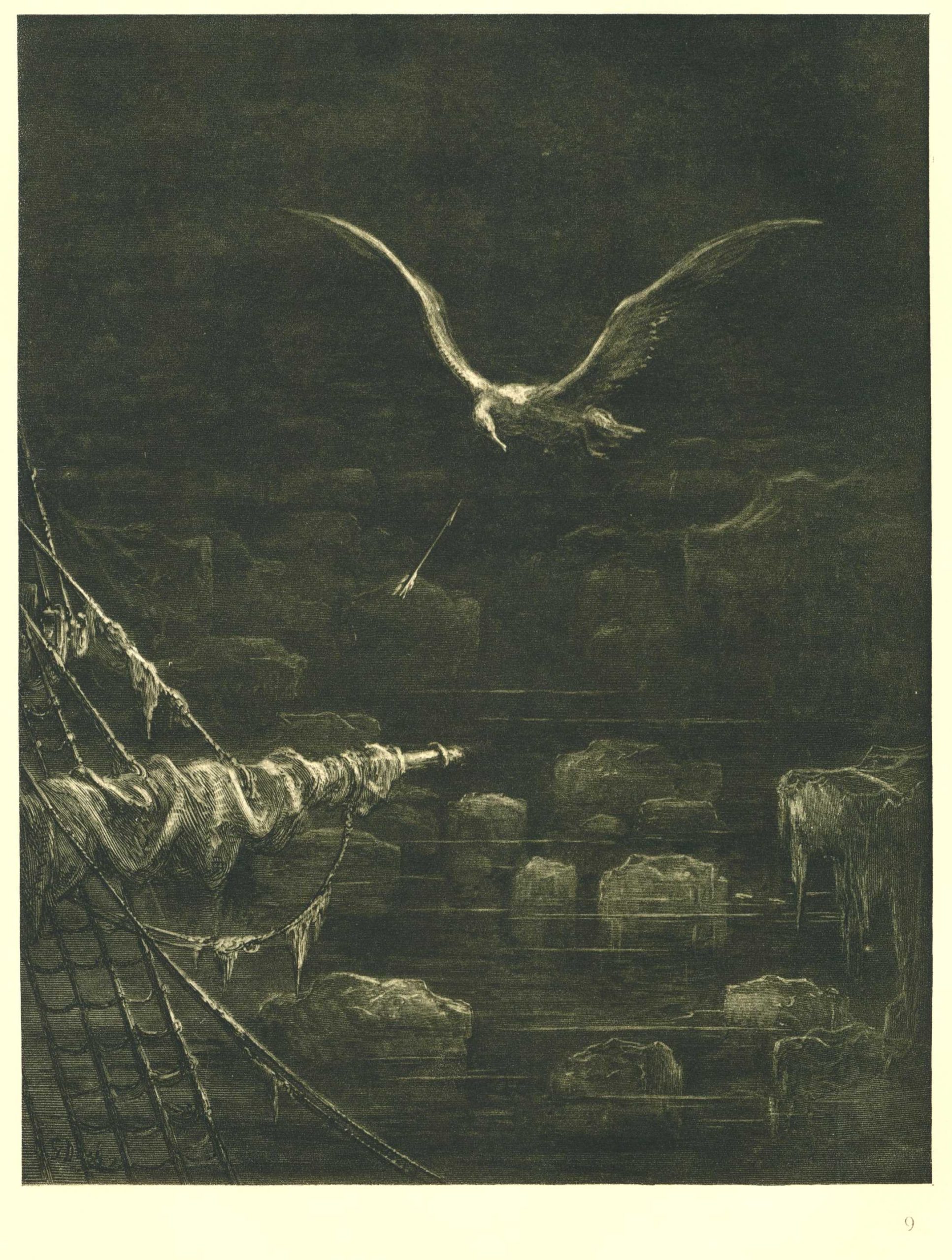 A bow in midair aims at an albatross flying above a ship at night