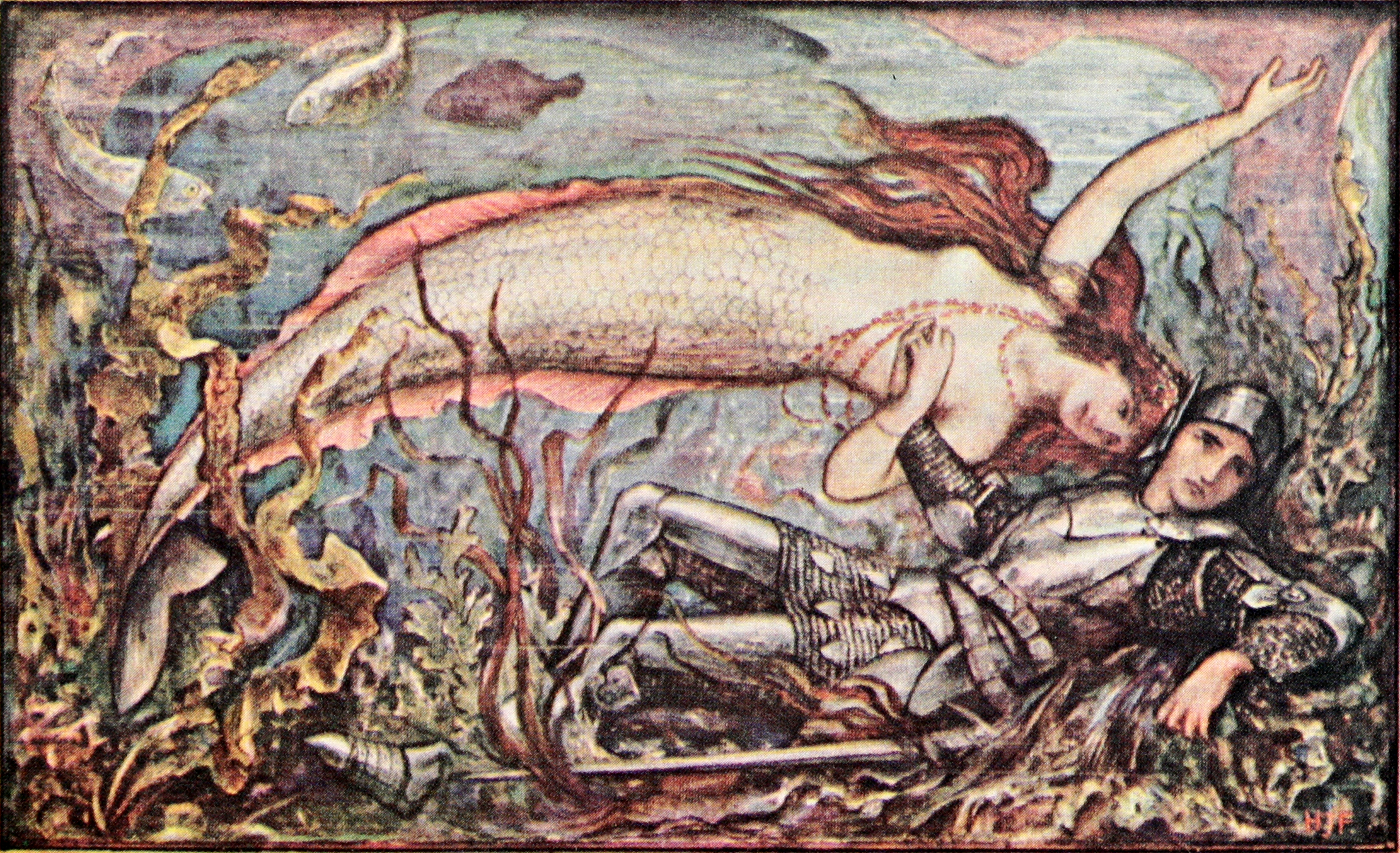 A mermaid swooning over an armoured knight laying on a seabed of aquatic plants