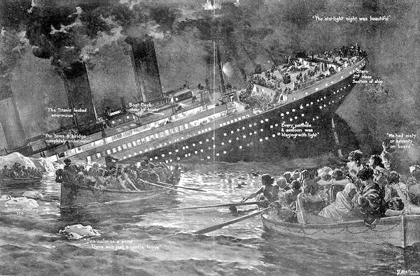A passenger ship sinking in the ocean with survivors aboard small boats in the foreground