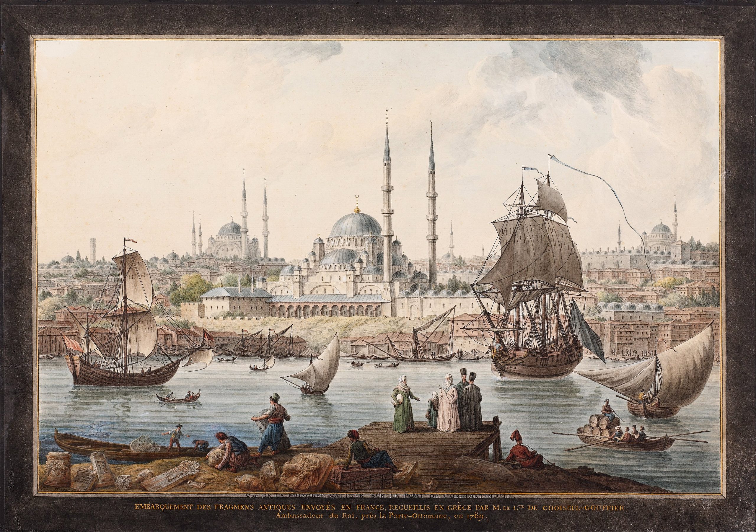 A landscape view of boats and ships gathered around a city's busy port