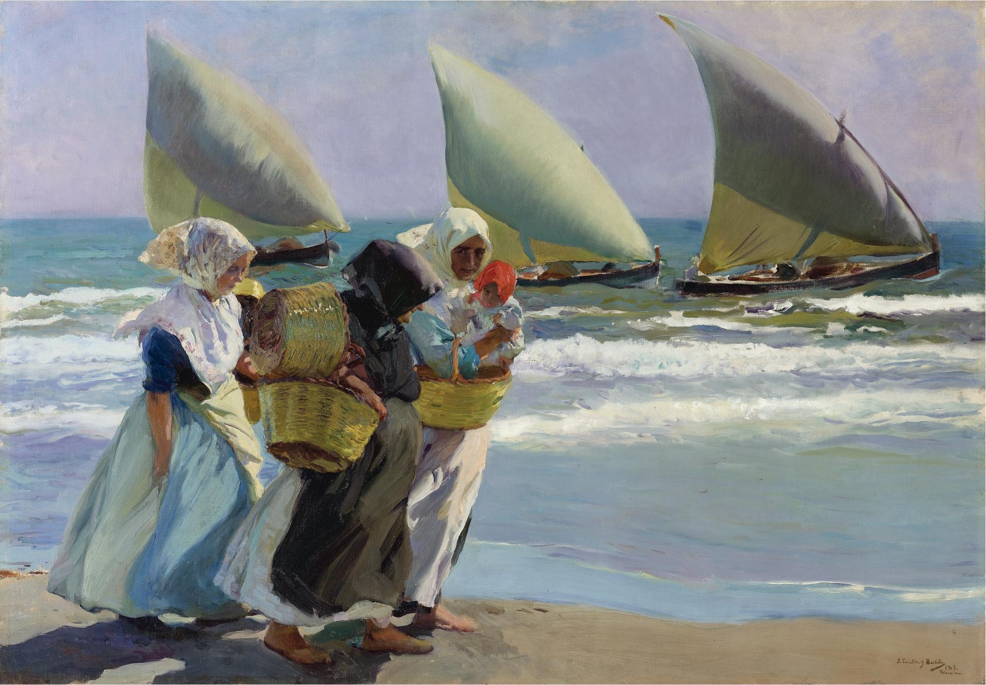Three women carrying baskets walking along the shoreline with three sailboats in the background