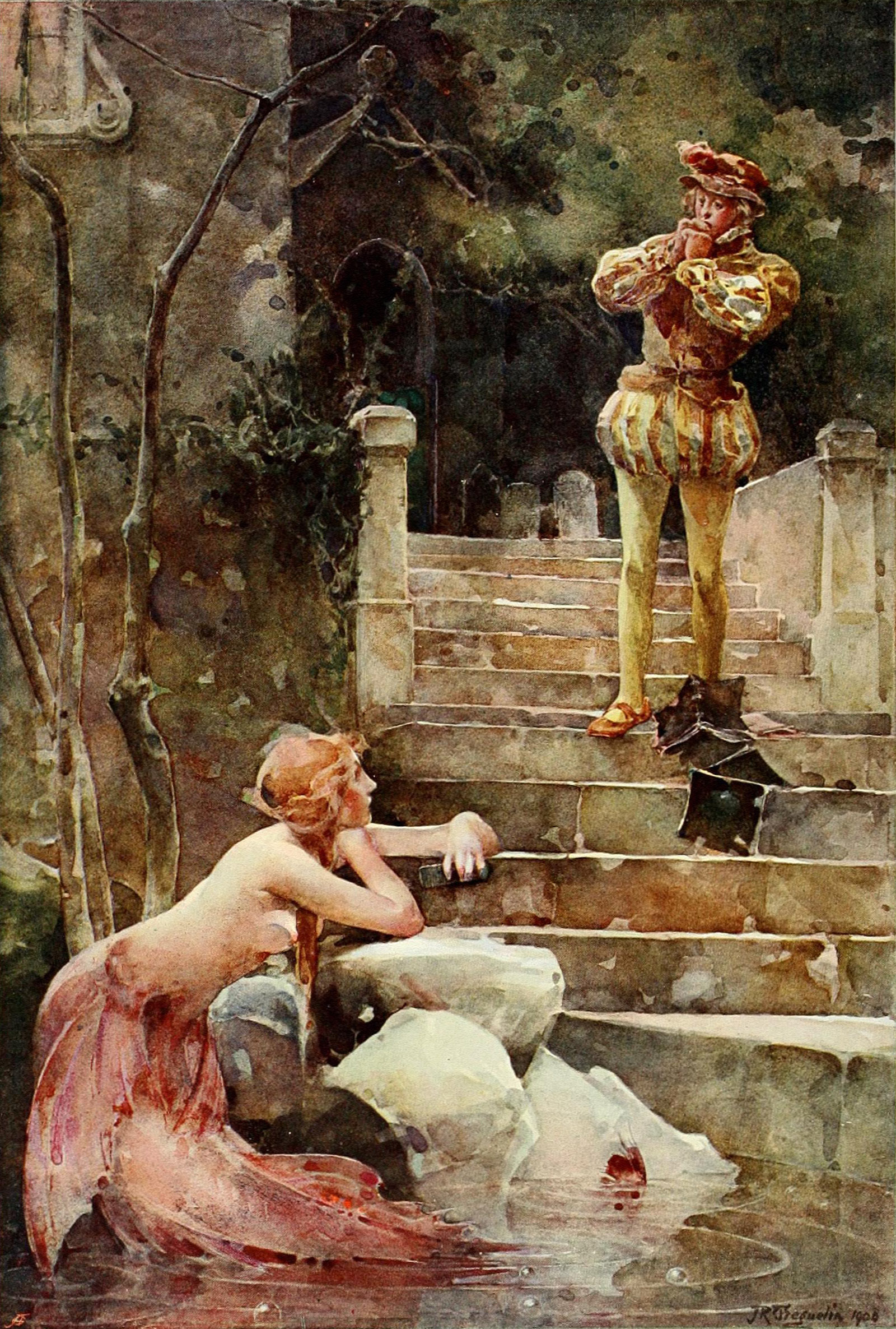 A man standing outdoors serenading a mermaid with his voice