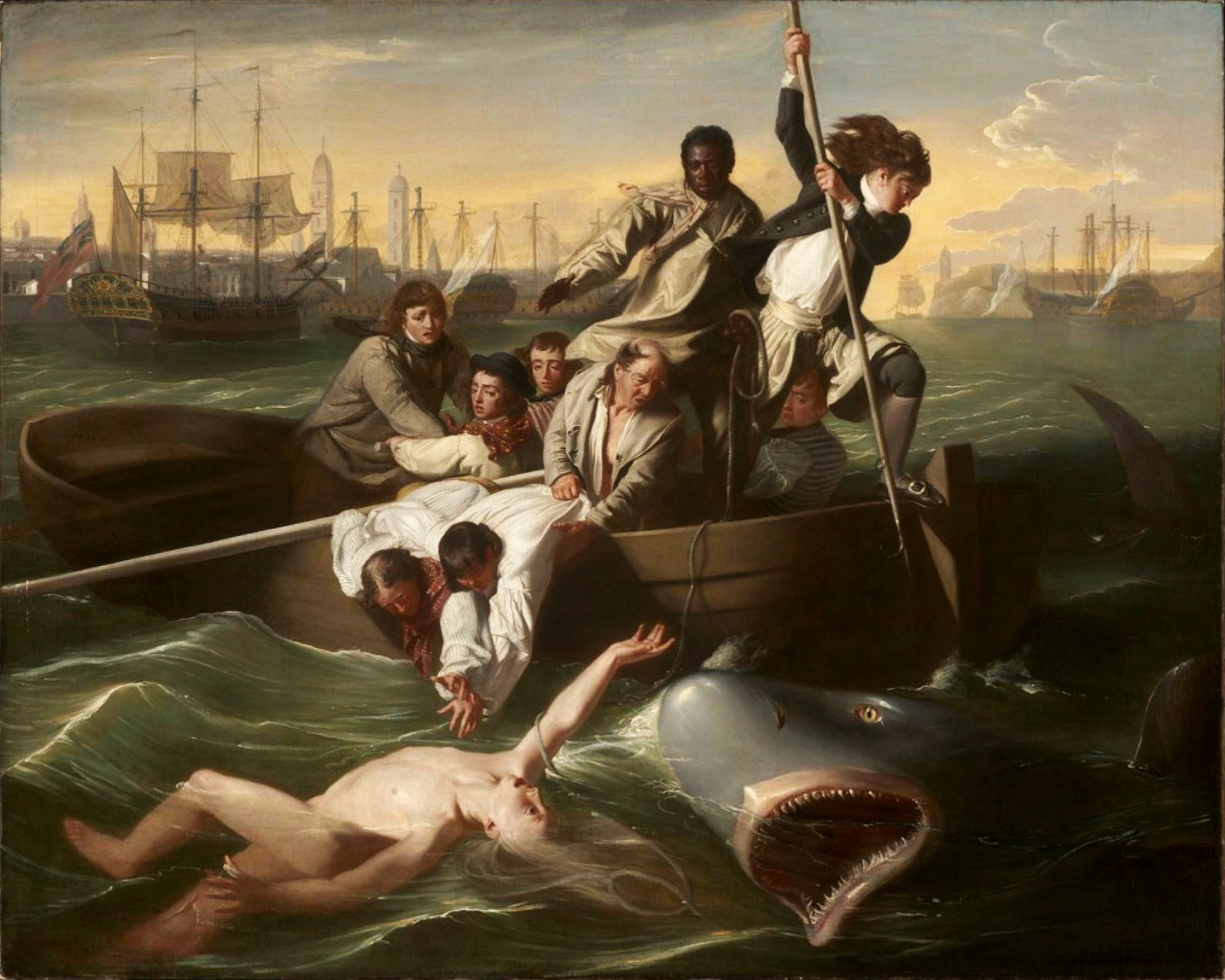People on a boat attempting to rescue a nude individual from getting eaten by a shark in the ocean