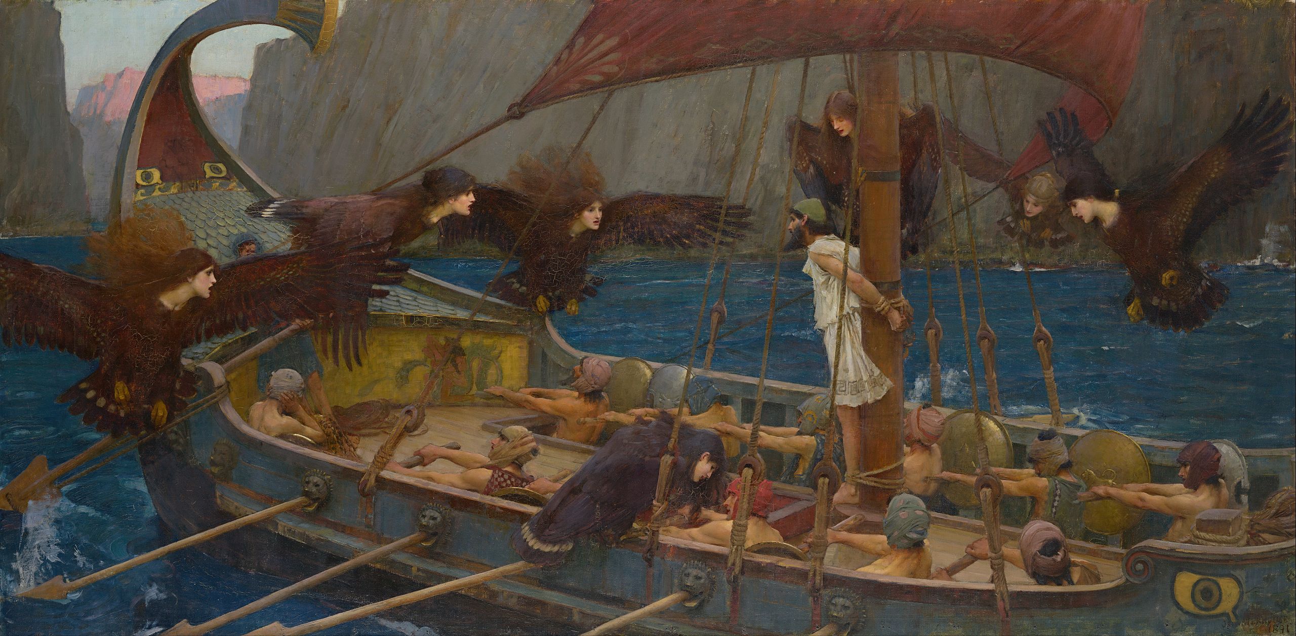 A man tied to the mast of a sailboat surrounded by flying vultures with human heads