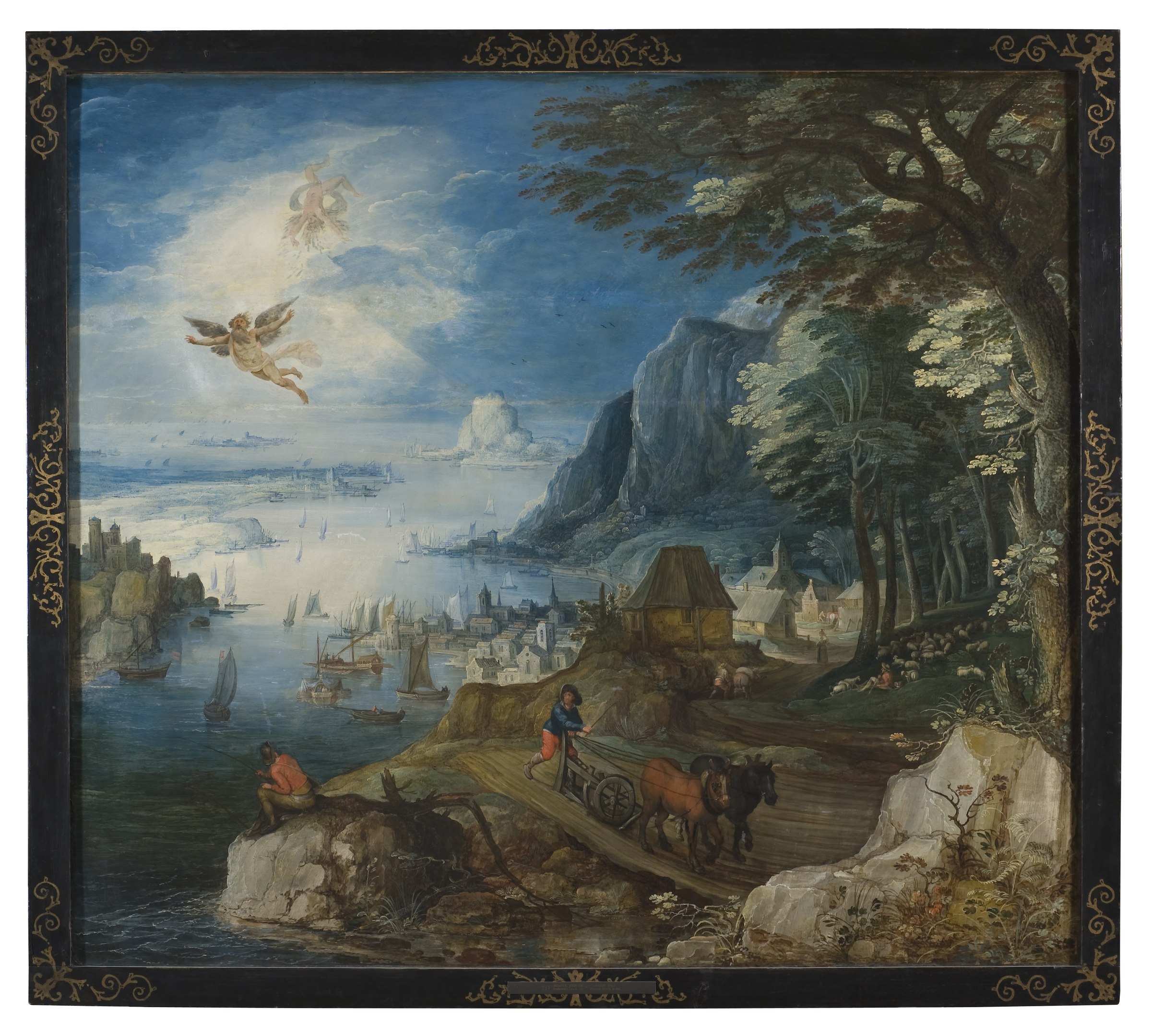 A landscape view of an angel falling from the sky near the sun as a fisherman, ploughman, and shepherd continue their day's work on the earth below