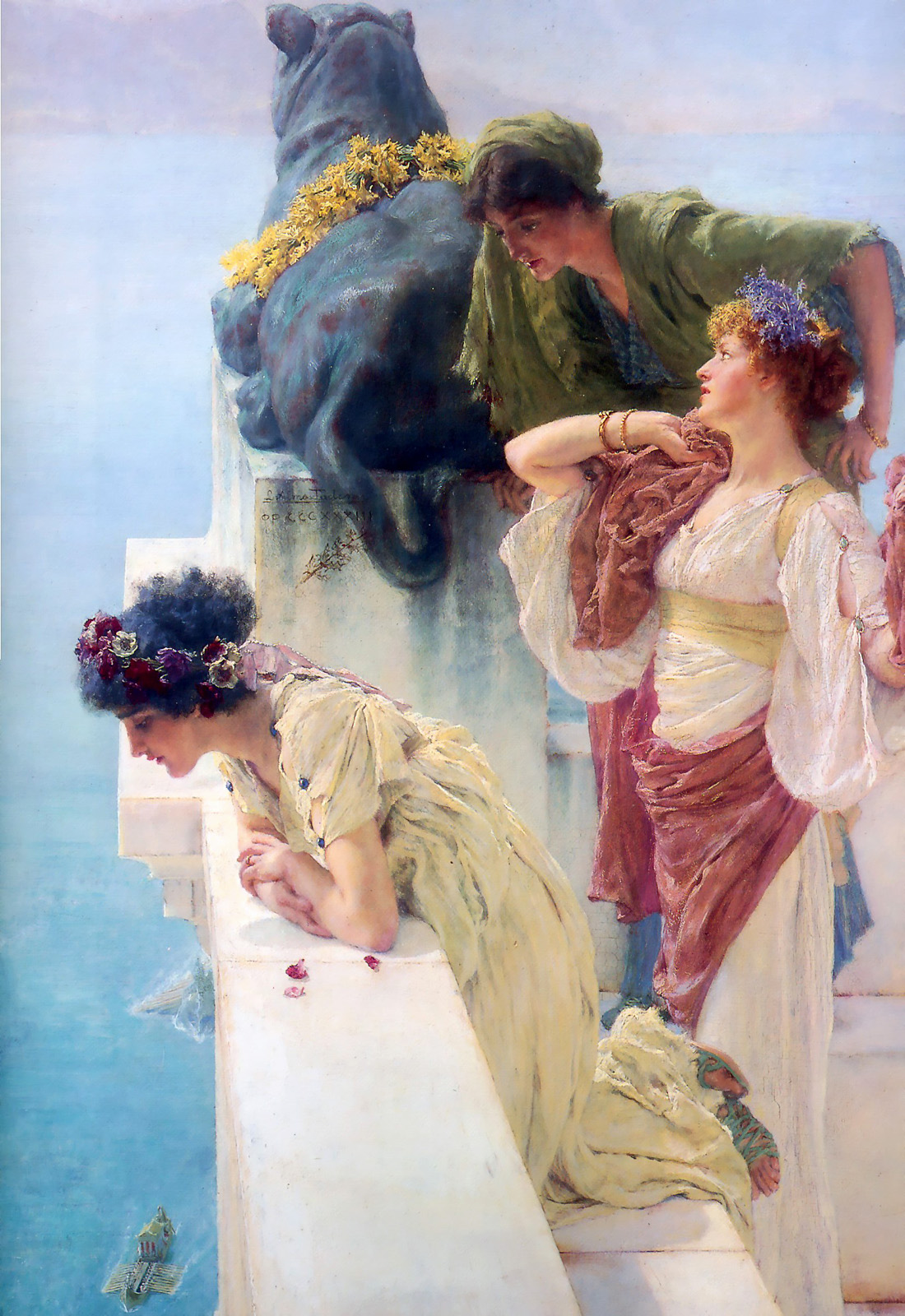 Three women on a marble terrace gazing out into the ocean