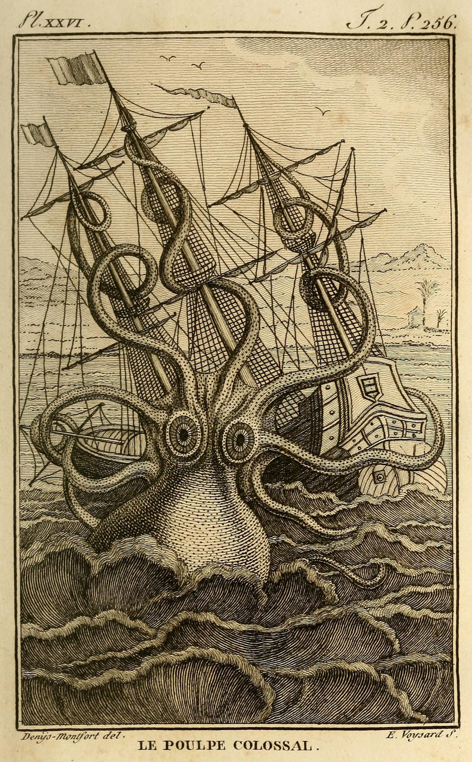 A giant octopus in the ocean attacking a ship with its tentacles