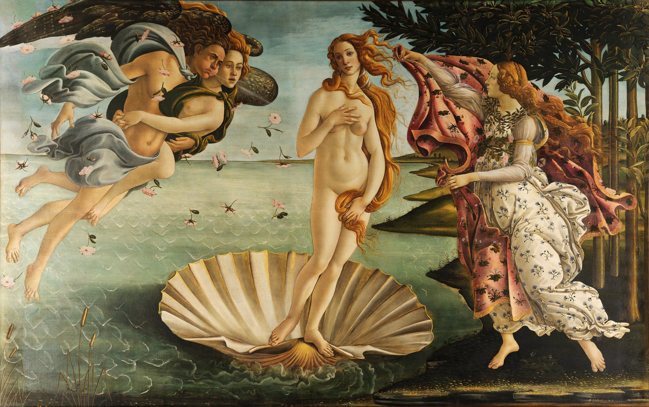 A nude woman standing on a scallop shell in the sea with three attendants, one in a nearby forest and the other two levitating above the sea