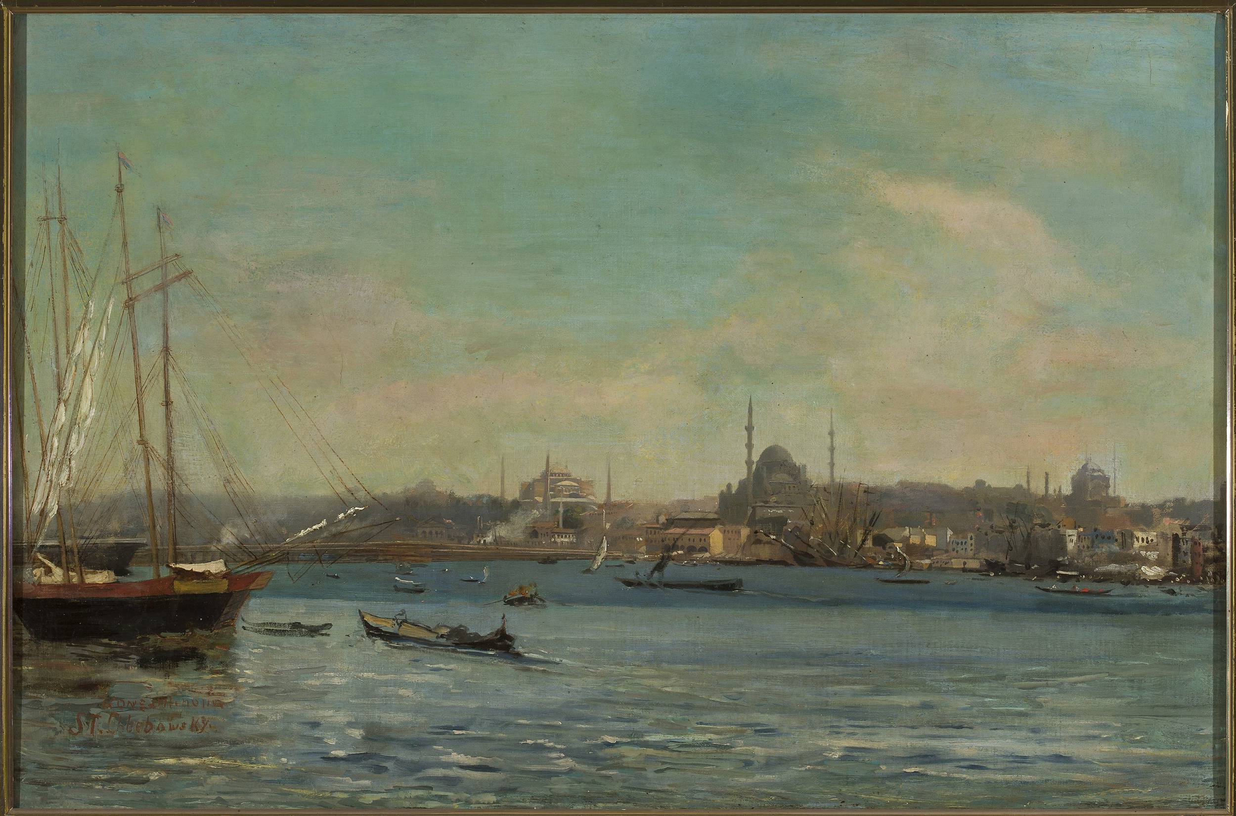 A landscape view of ships and boats along a city's harbour