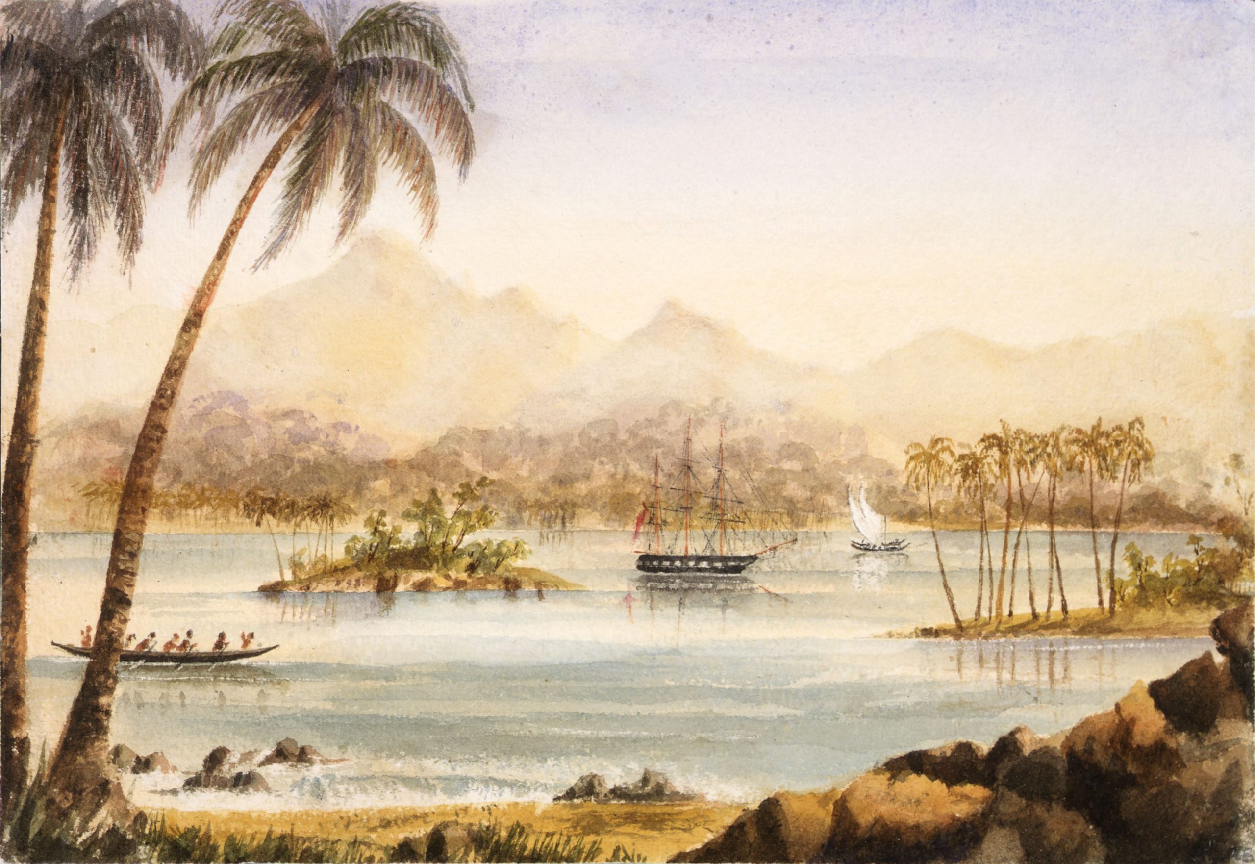 A landscape view of a bay with small islands and sailboats
