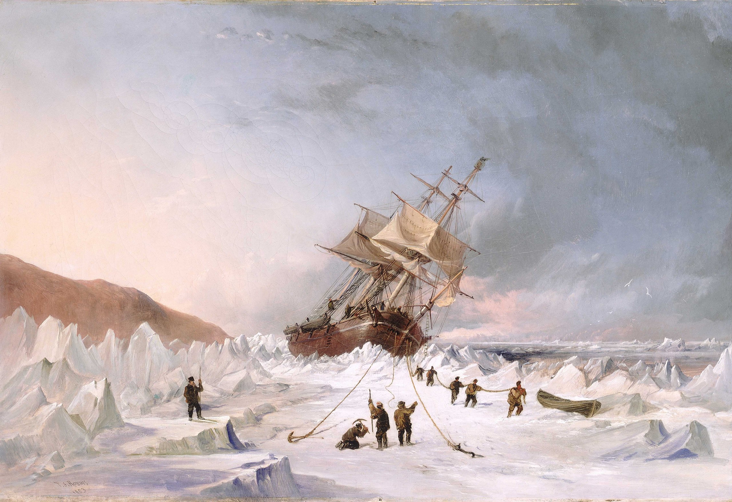 A leaning ship stuck in the tundra with rescuers hauling it free using ropes