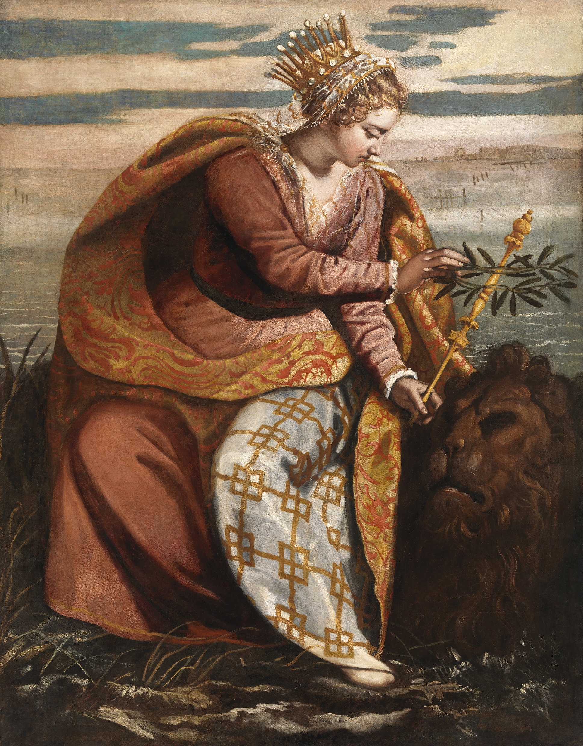 A woman wearing a crown sitting by the ocean crowns a lion with a laurel wreath