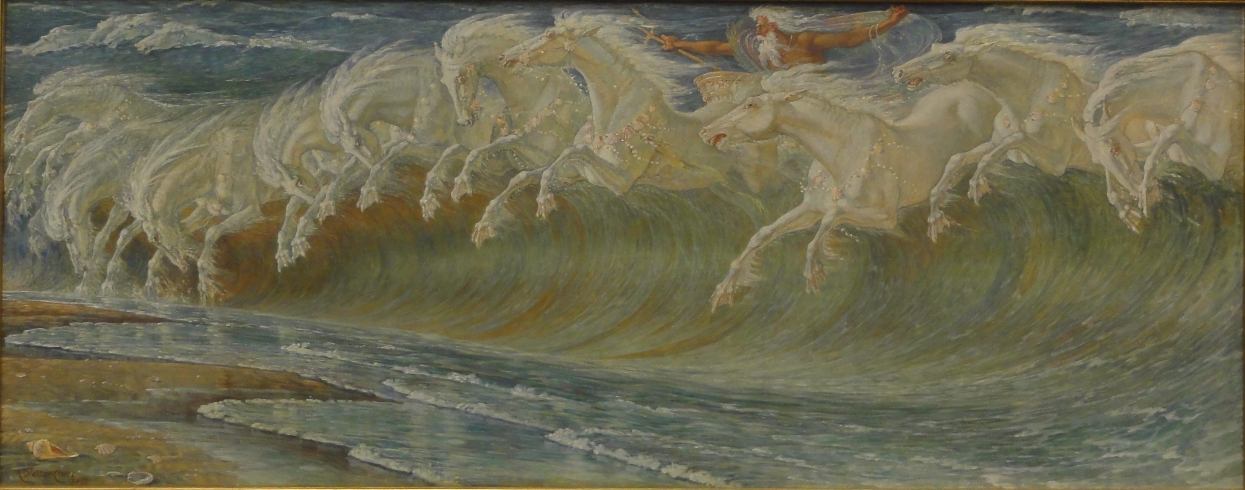 Horses galloping out of a wave