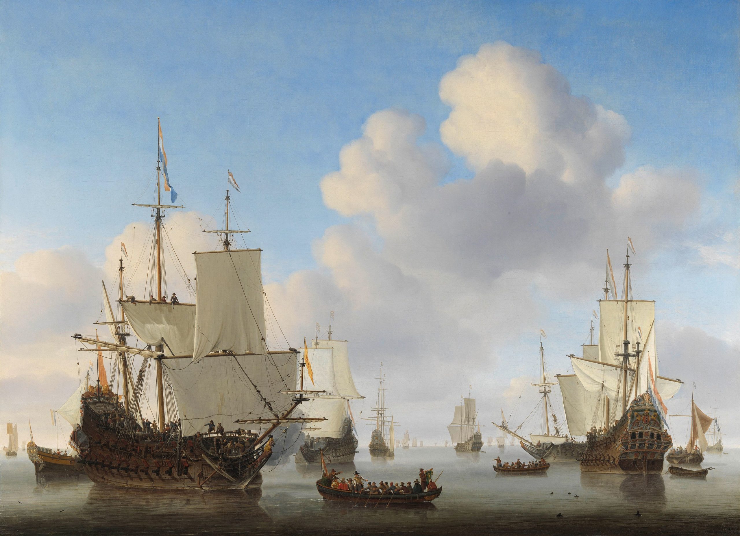 Large ships and small boats on a calm sea