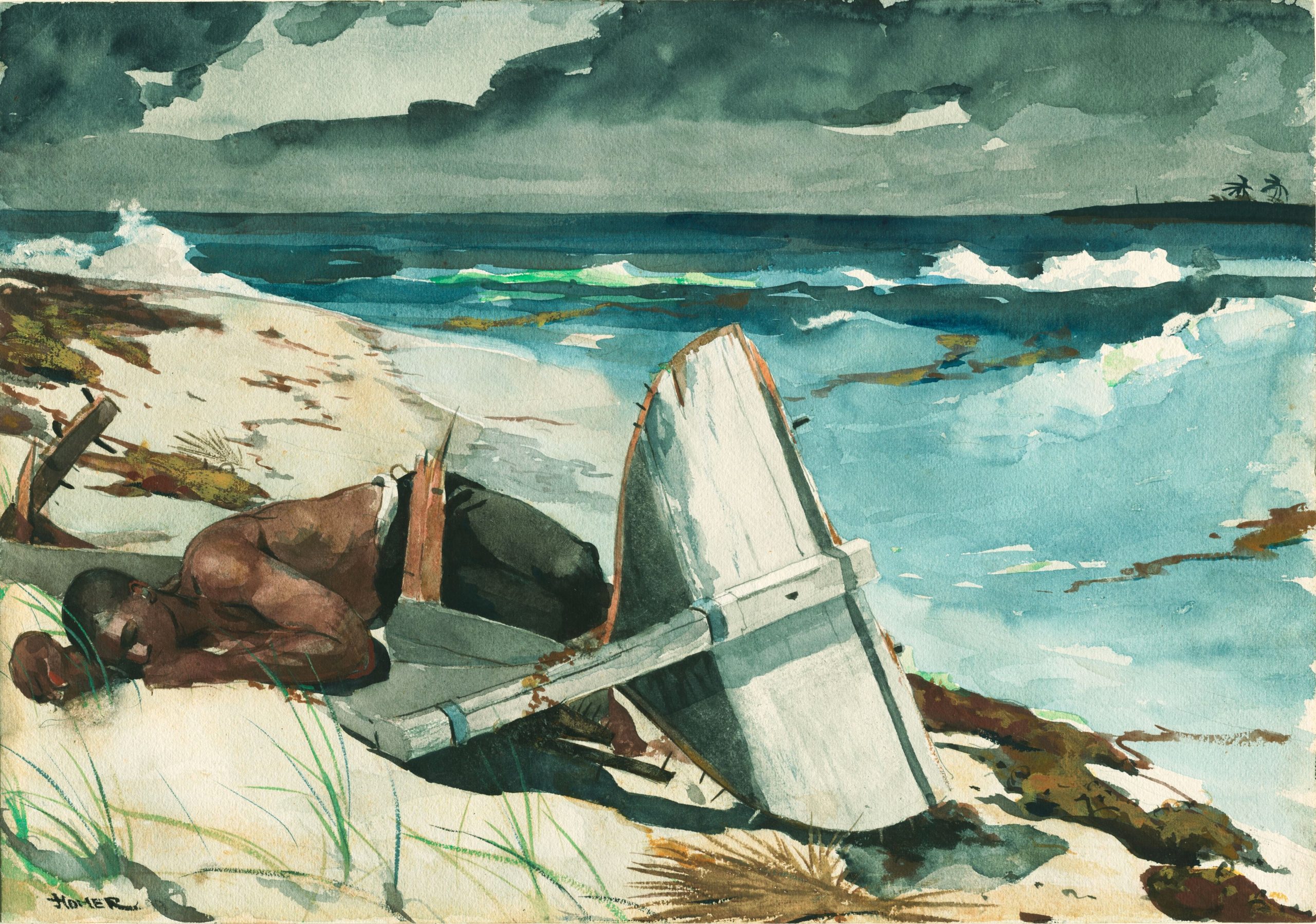 A man lying motionless on the beach beside an overturned boat