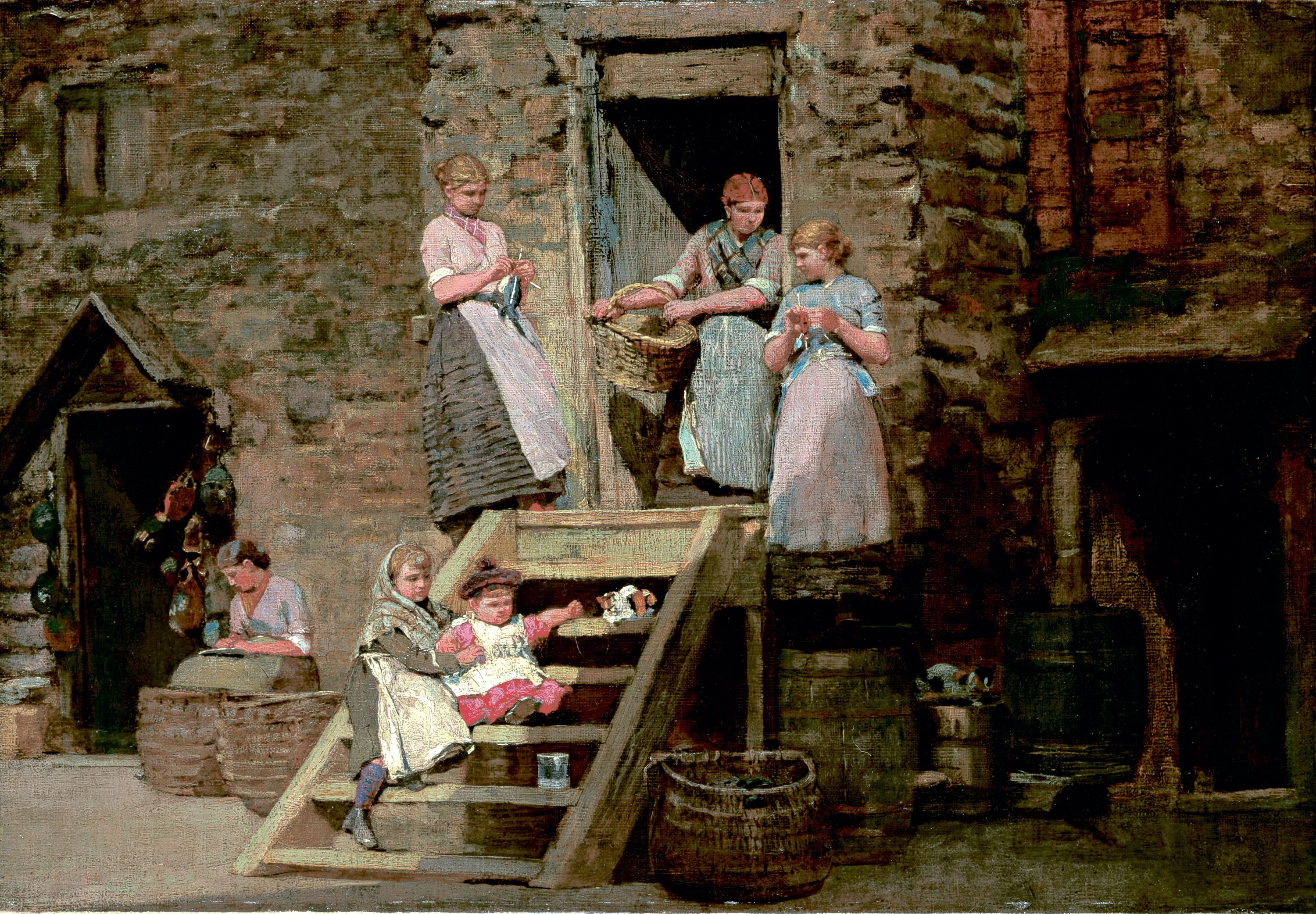Women and children gathered around a front doorstep with stairs