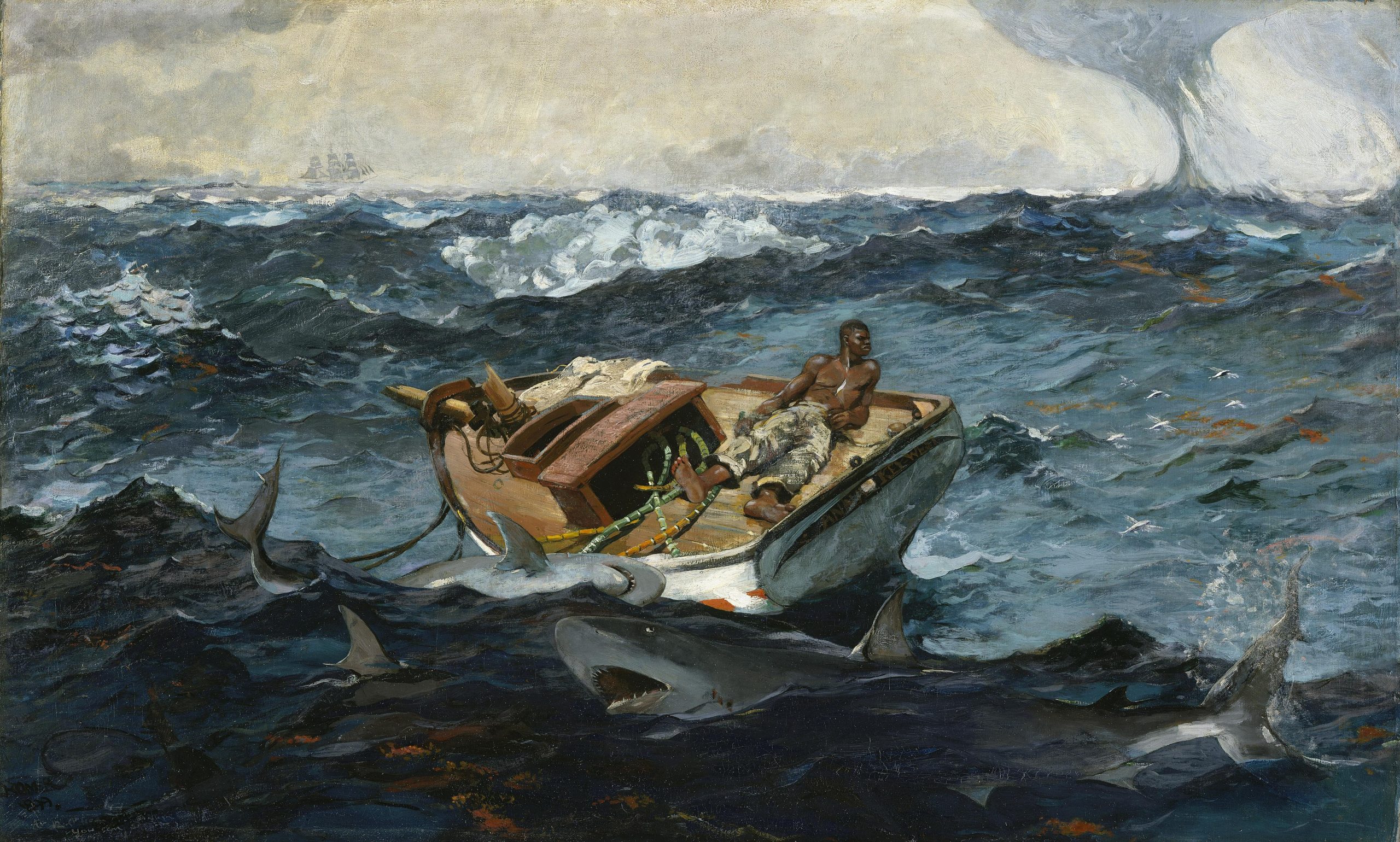 A man lying down on a small boat amidst a stormy sea with sharks struggling in the foreground